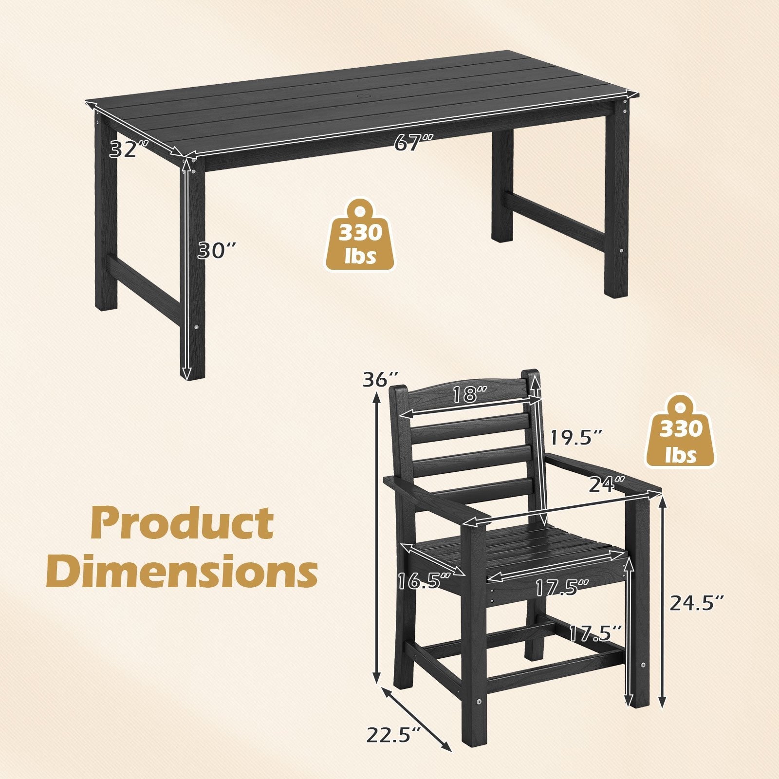 7 Pieces Outdoor Dining Table Set for 6 People 67” HDPE Patio Rectangle Table and 6 Armchairs-Black