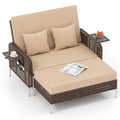 2 Piece Patio Rattan Daybed Wicker Loveseat and Ottoman with Adjustable Backrest-Brown