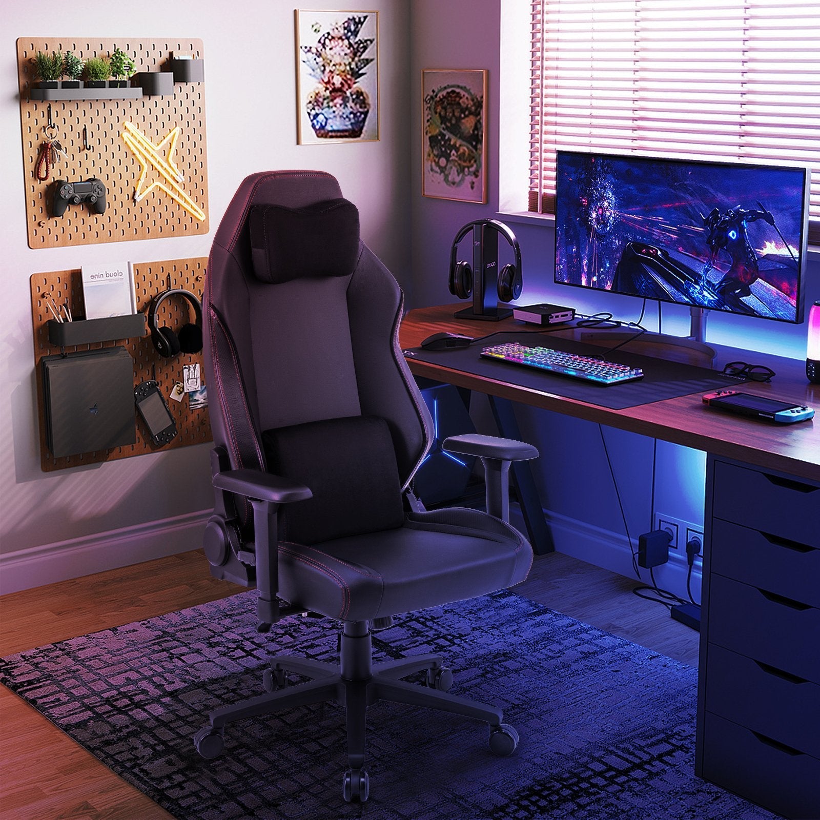 Ergonomic High Back Computer Chair with Magnetic Headrest and Lumbar Pillow-Black