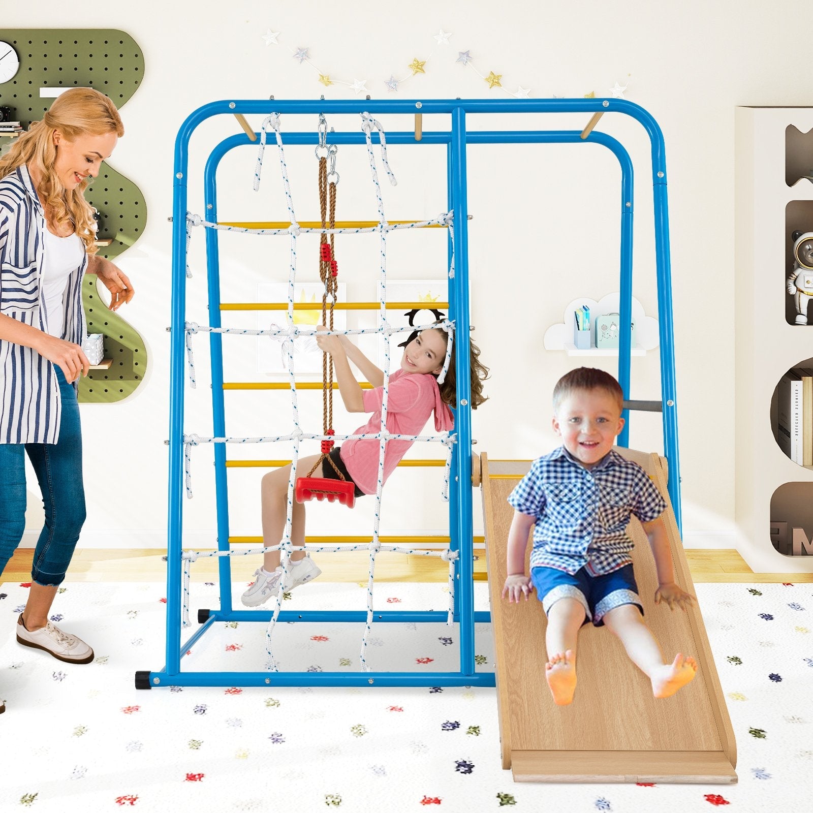 6-in-1 Indoor Jungle Gym with Slide for Boys and Girls 3+ Years Old-Blue