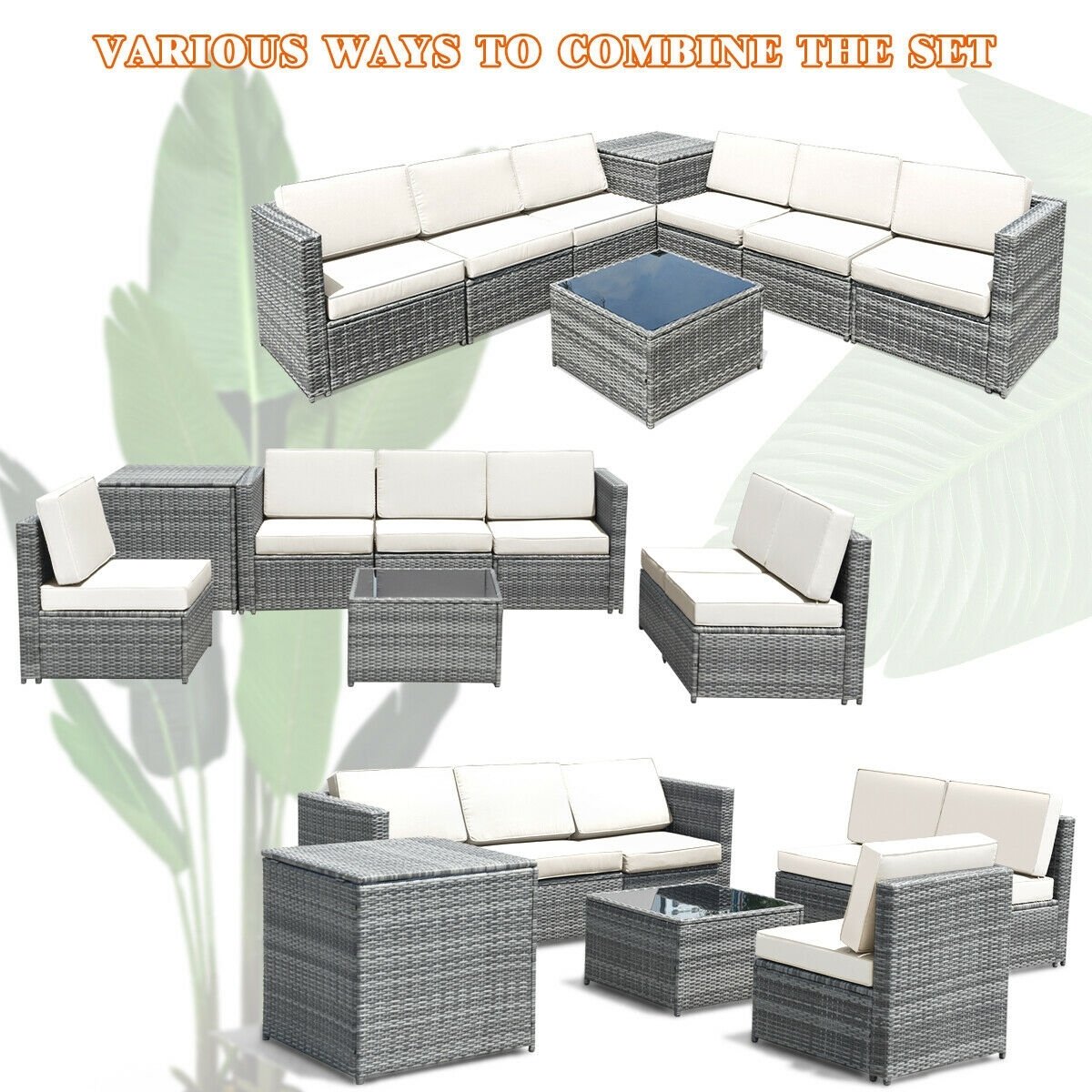 8 Piece Wicker Sofa Rattan Dinning Set Patio Furniture with Storage Table-Black