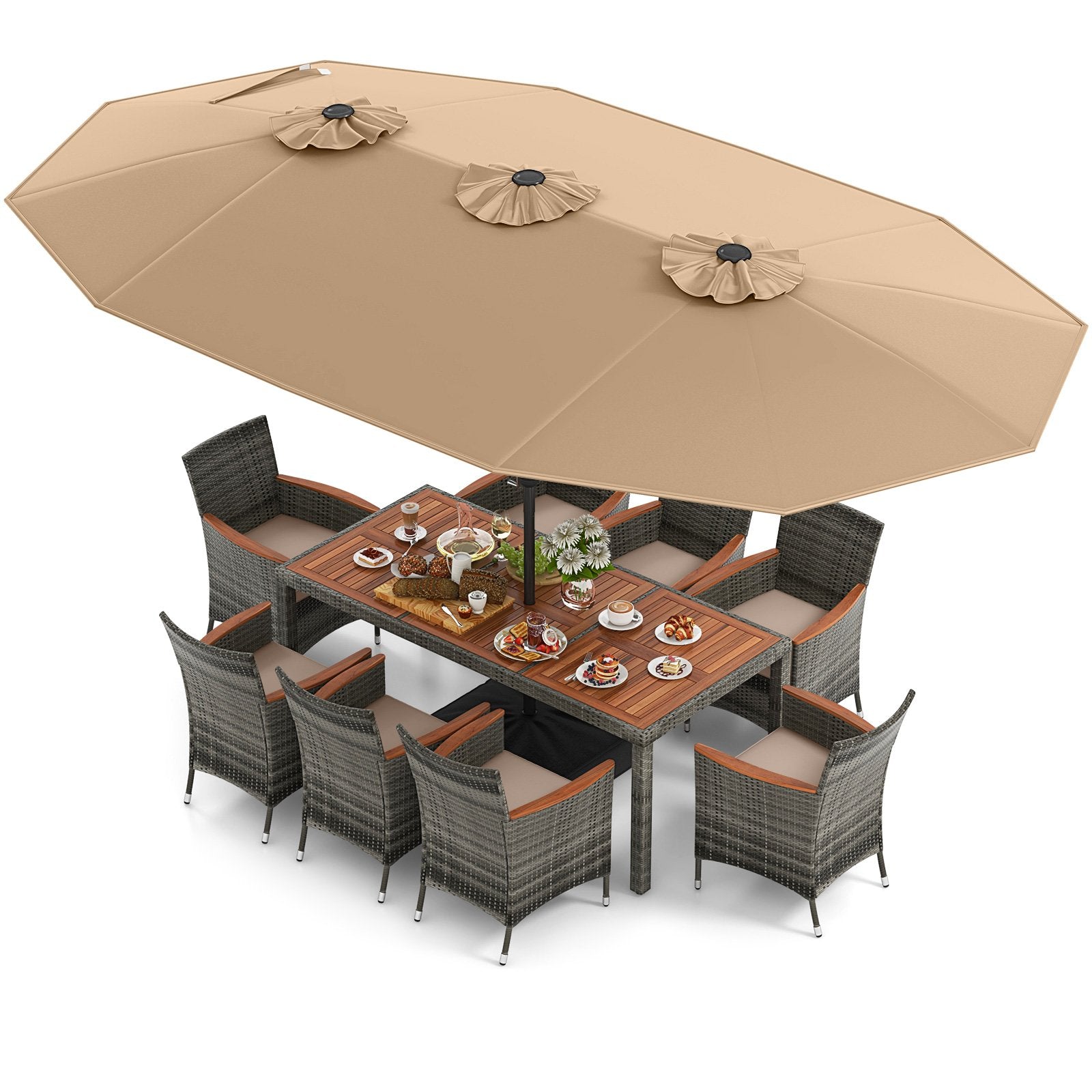 10 Pieces Patio Wicker Dining Set with 15 Feet Double-Sided Patio Umbrella-Beige