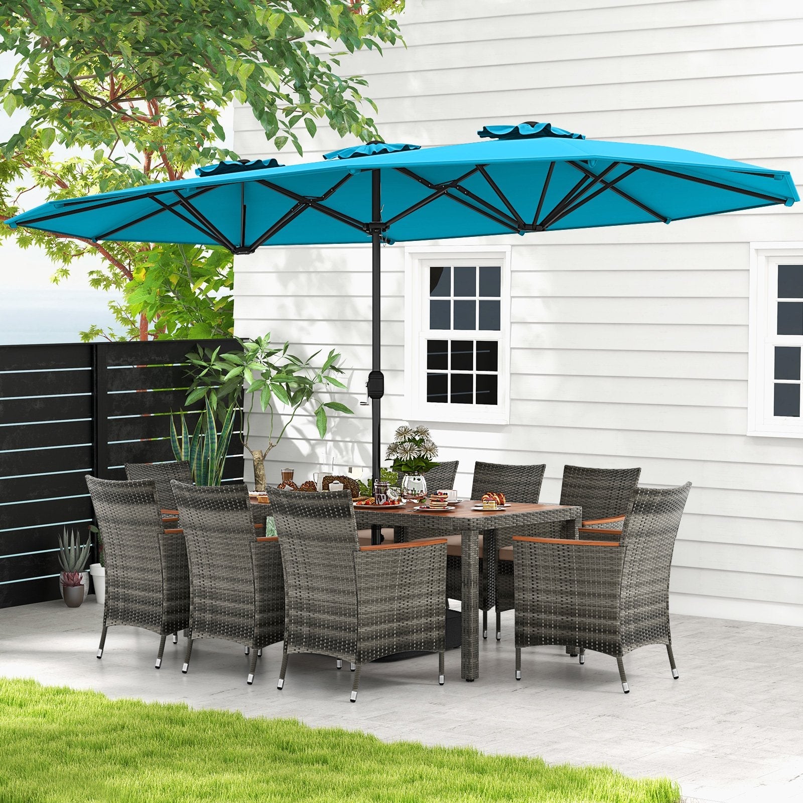 10 Pieces Patio Wicker Dining Set with 15 Feet Double-Sided Patio Umbrella-Beige