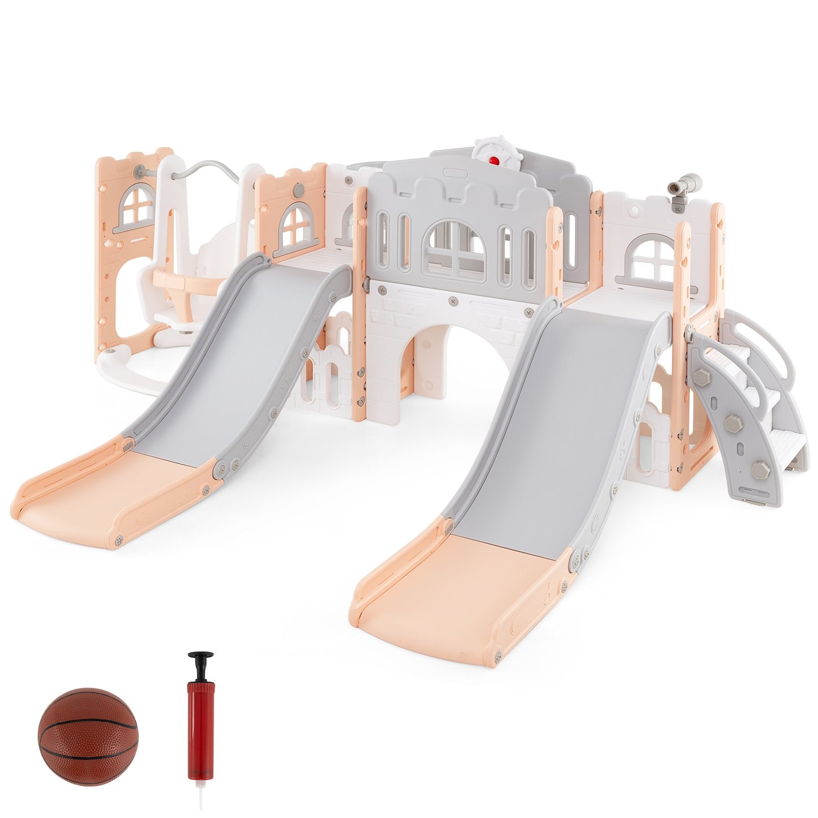 10-in-1 Toddler Slide and Swing Set with Double Slides and Tunnel-Pink