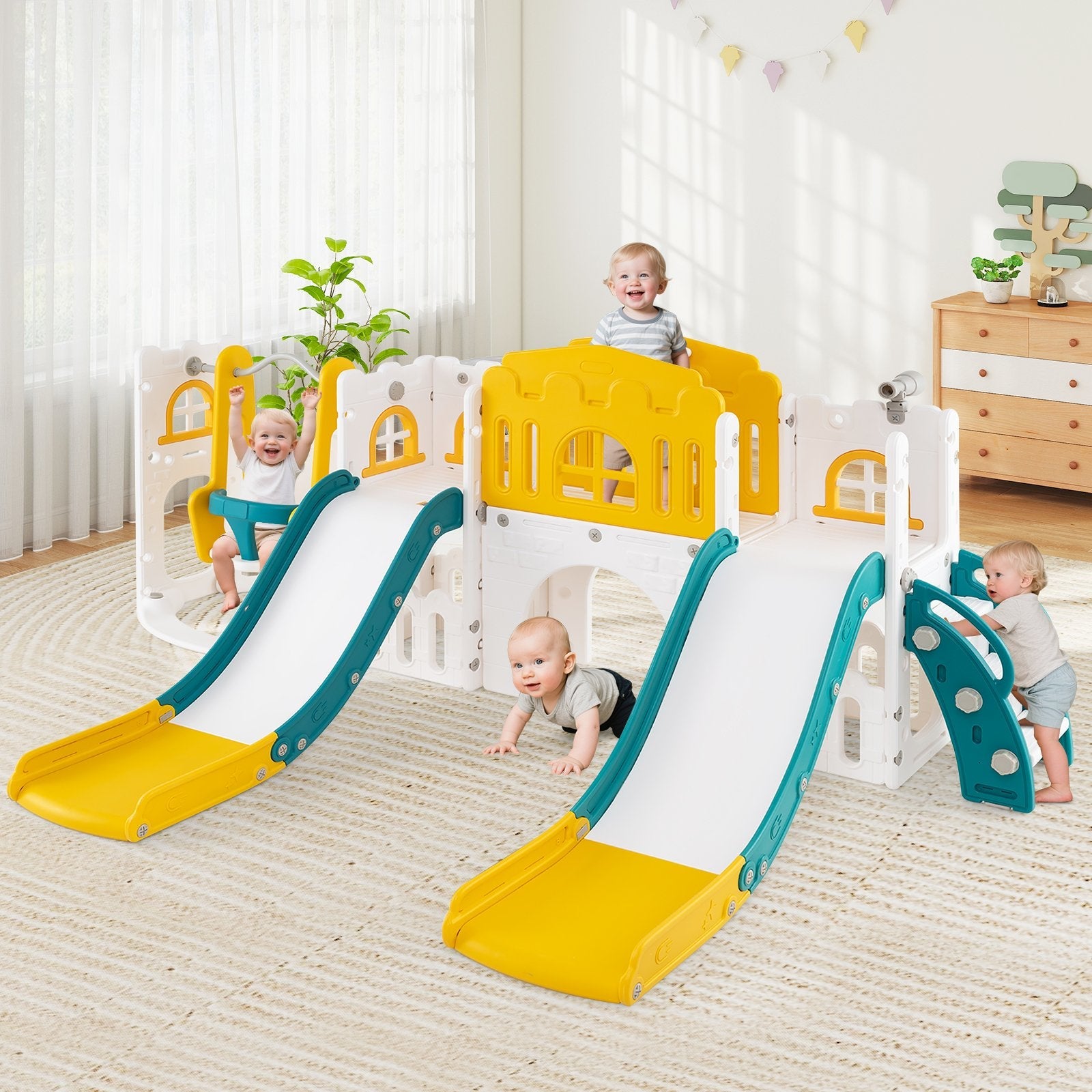 10-in-1 Toddler Slide and Swing Set with Double Slides and Tunnel-Pink
