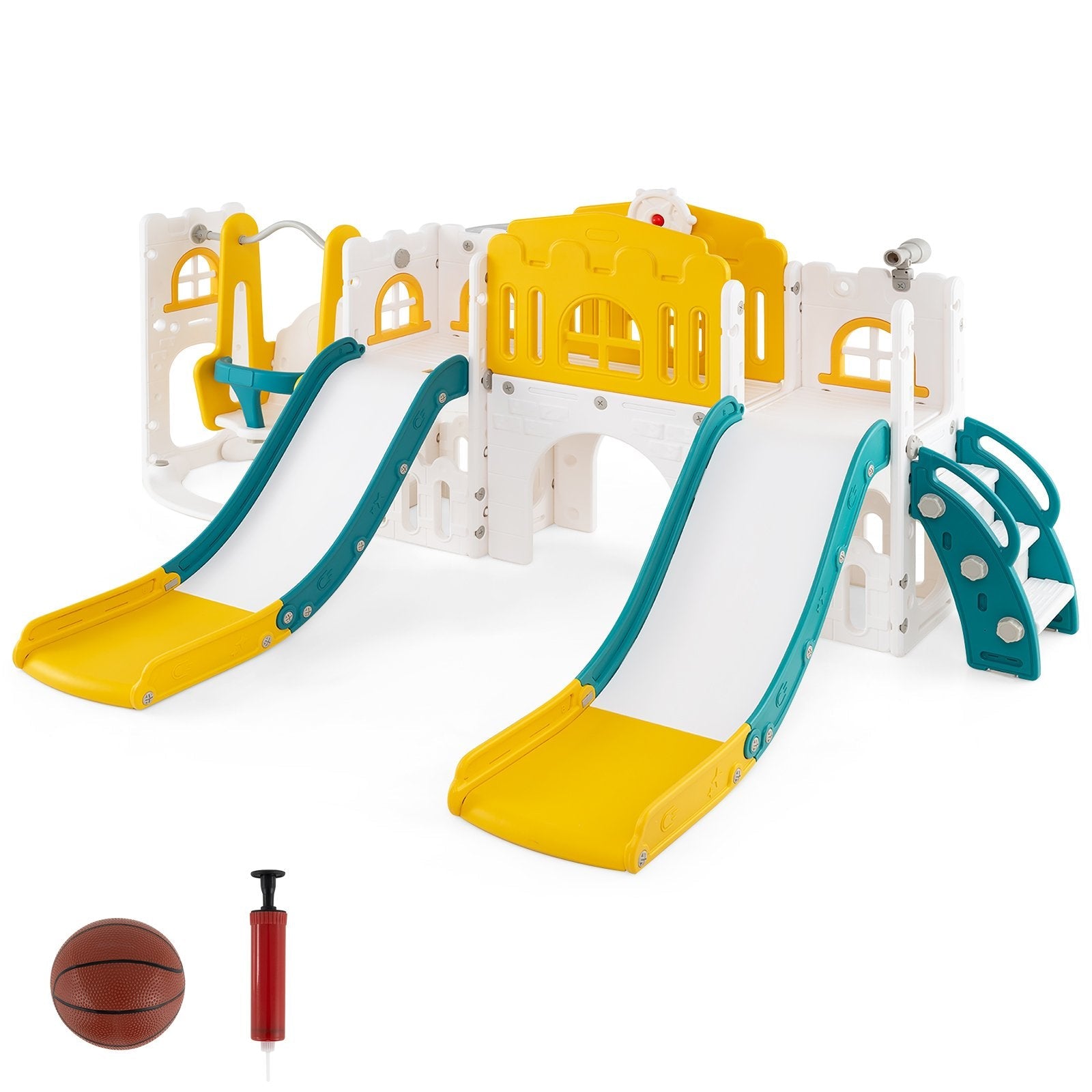 10-in-1 Toddler Slide and Swing Set with Double Slides and Tunnel-Pink