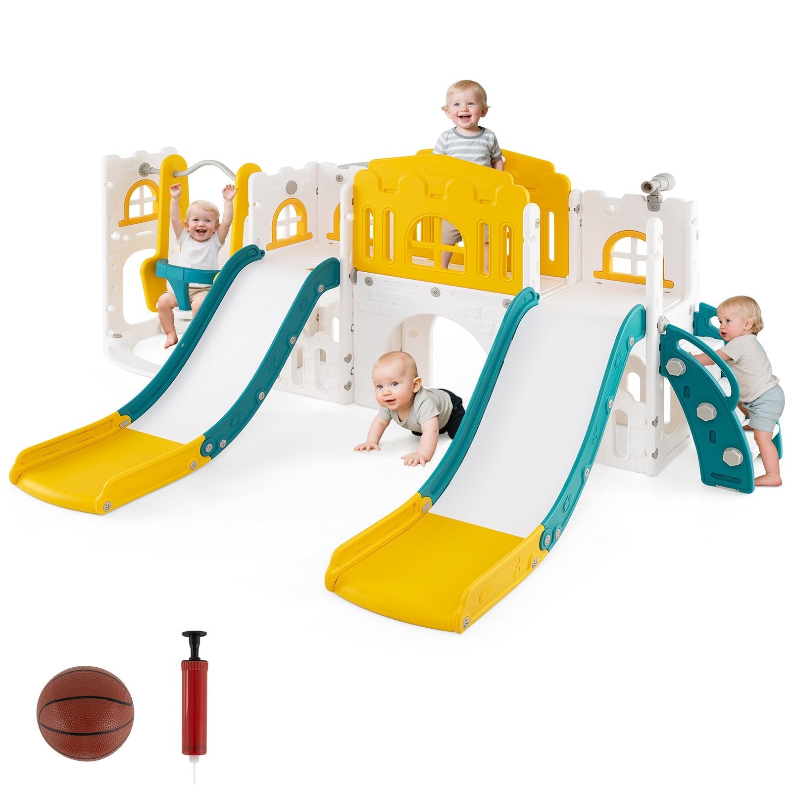 10-in-1 Toddler Slide and Swing Set with Double Slides and Tunnel-Pink