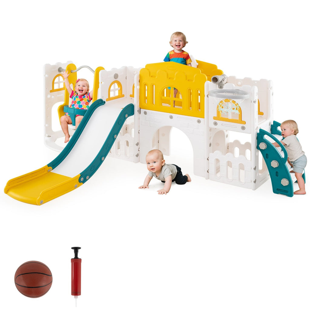 10-in-1 Toddler Swing and Slide Set Climber Playset with Basketball Hoop-Pink