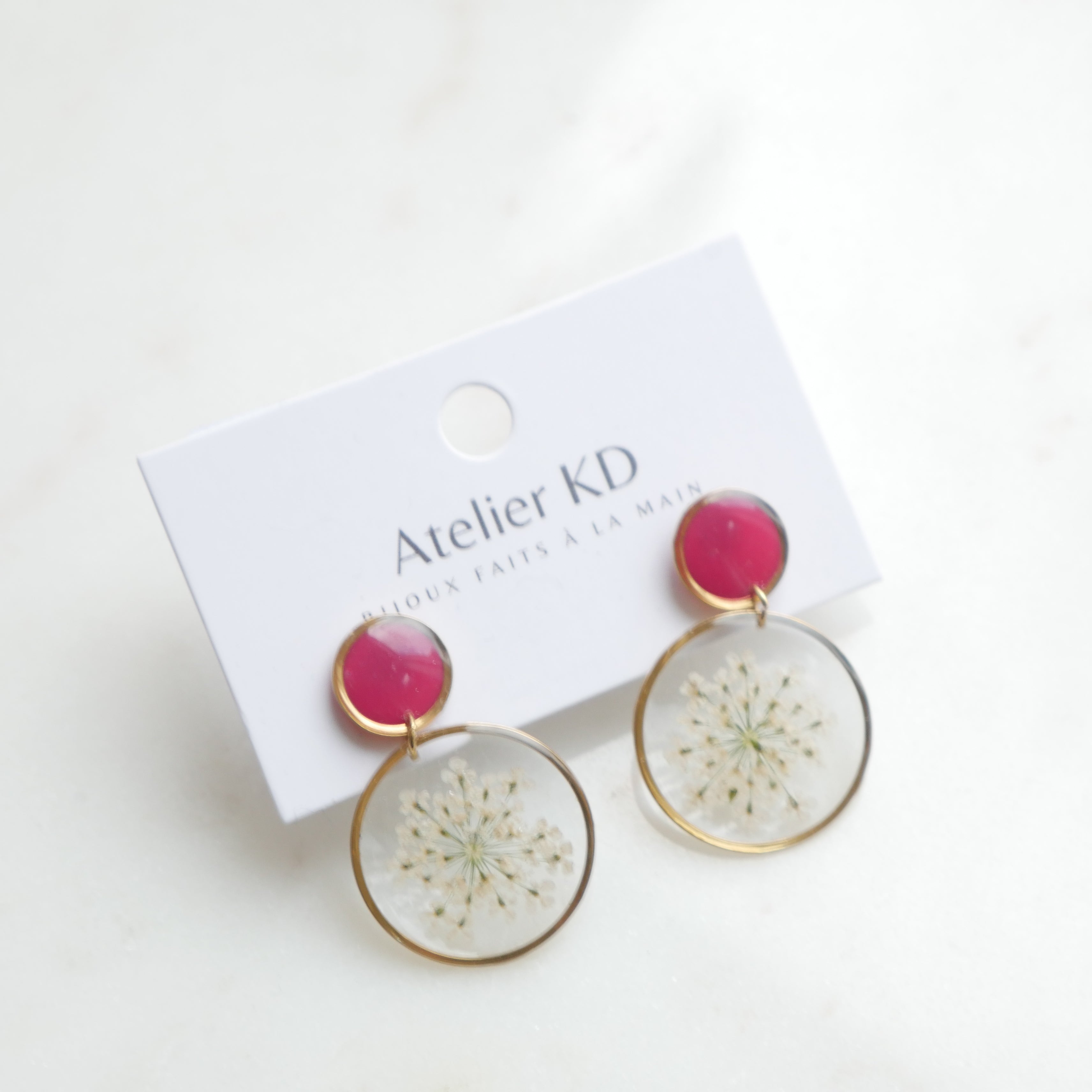 Boucles d'oreilles duo Estelle blanches et framboises - rond (25mm)