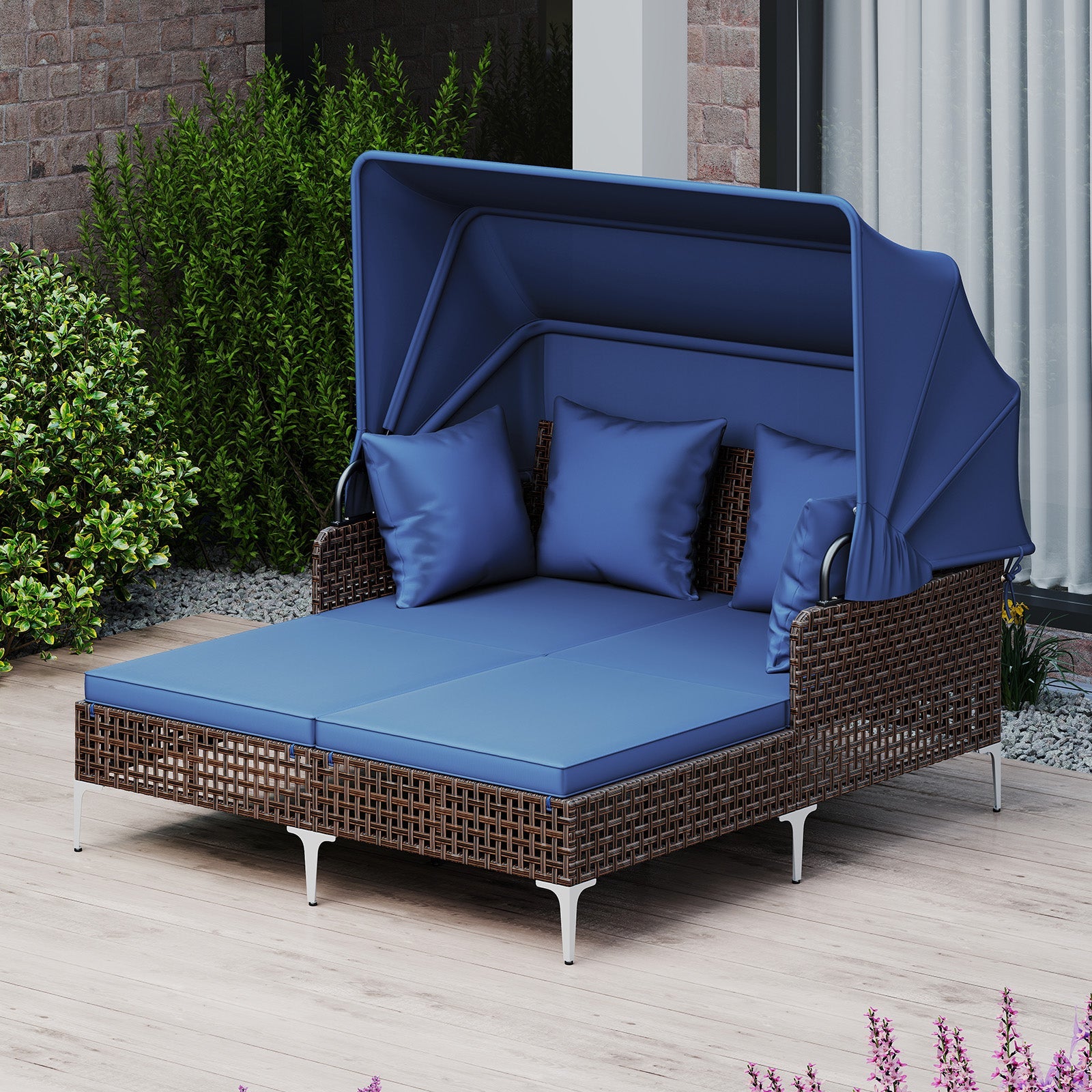 Outdoor Daybed with Retractable Canopy PE Wicker Rattan Patio Lounger-Brown