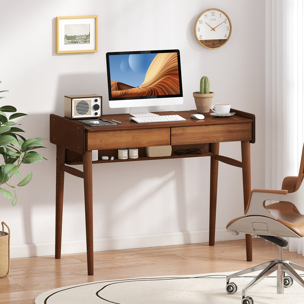 Bamboo Writing Desk with 2 Storage Drawers and Open Shelf-Natural