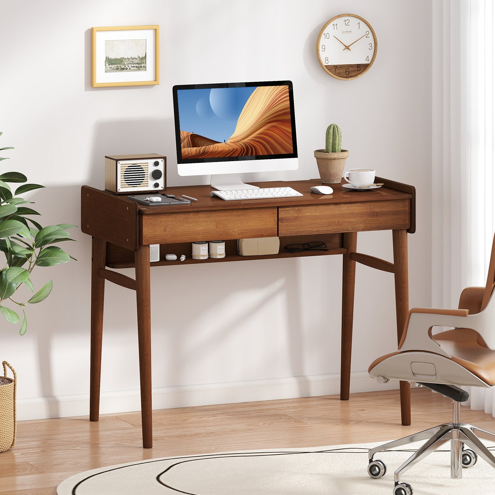 Bamboo Writing Desk with 2 Storage Drawers and Open Shelf-Natural