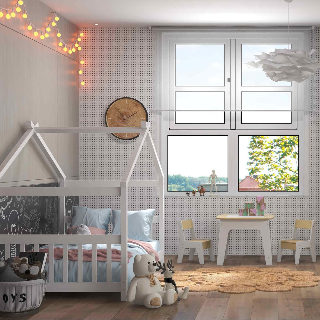 3-Piece Kid’s Room Bundle: Twin Size Wooden House Bed + Kid's Table and Chairs Set + Kids 2-Shelf Bookcase