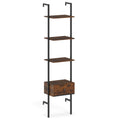 5-Tier Ladder Bookcase with Drawer and Metal Frame for Study Home Office-Rustic Brown