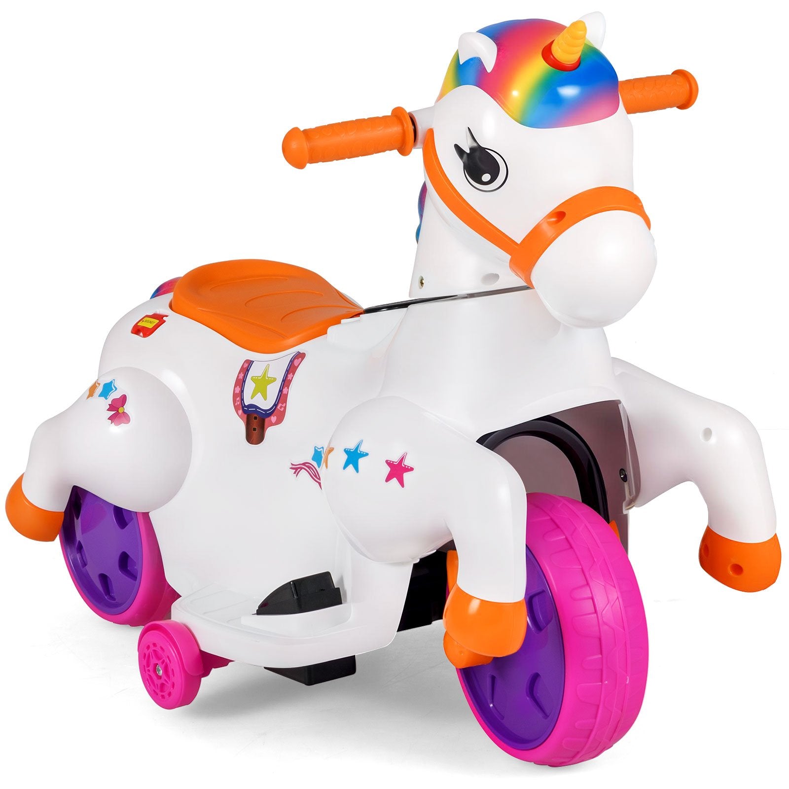 12V Unicorn Ride on Toy with Training Wheels and Horse Riding Mode-Multicolor