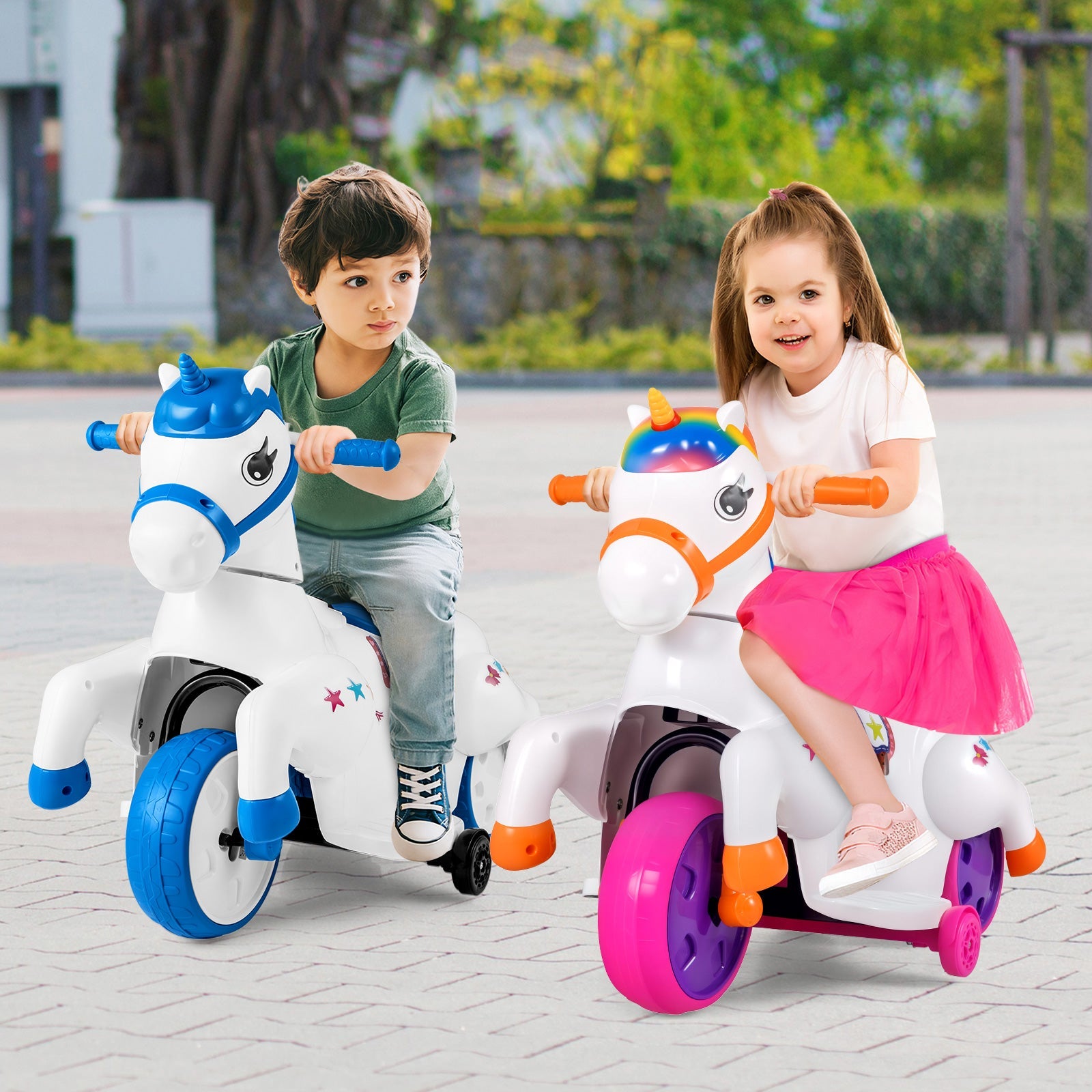 12V Unicorn Ride on Toy with Training Wheels and Horse Riding Mode-Multicolor