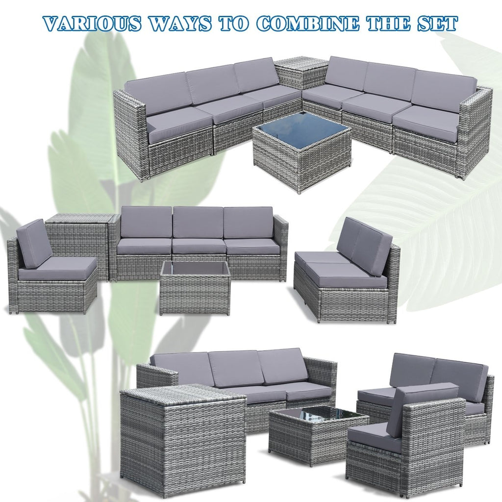 8 Piece Wicker Sofa Rattan Dinning Set Patio Furniture with Storage Table-Black