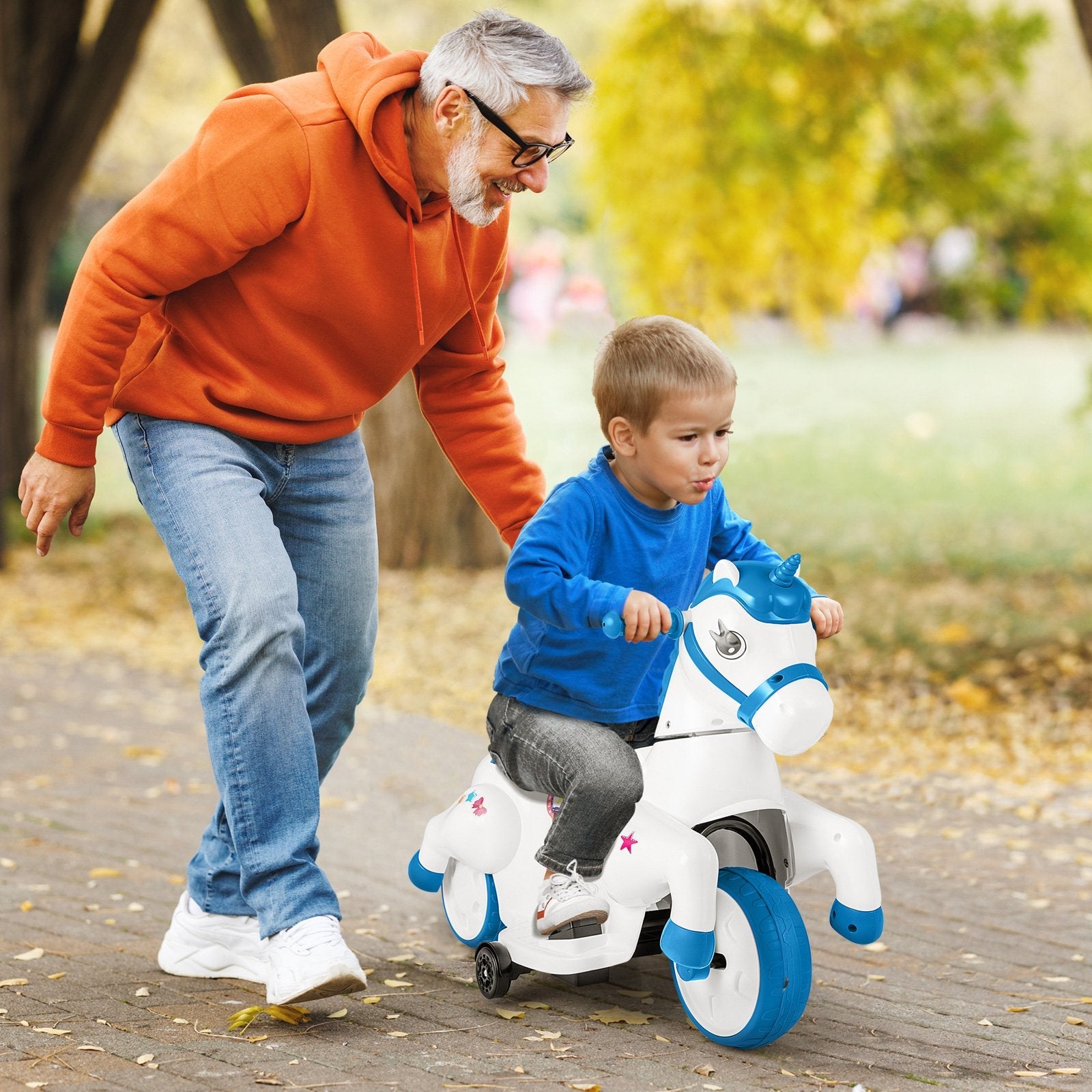 12V Unicorn Ride on Toy with Training Wheels and Horse Riding Mode-Multicolor