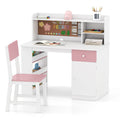 Kids Desk and Chair Set with Hutch and 3-Layer Side Shelf-Pink