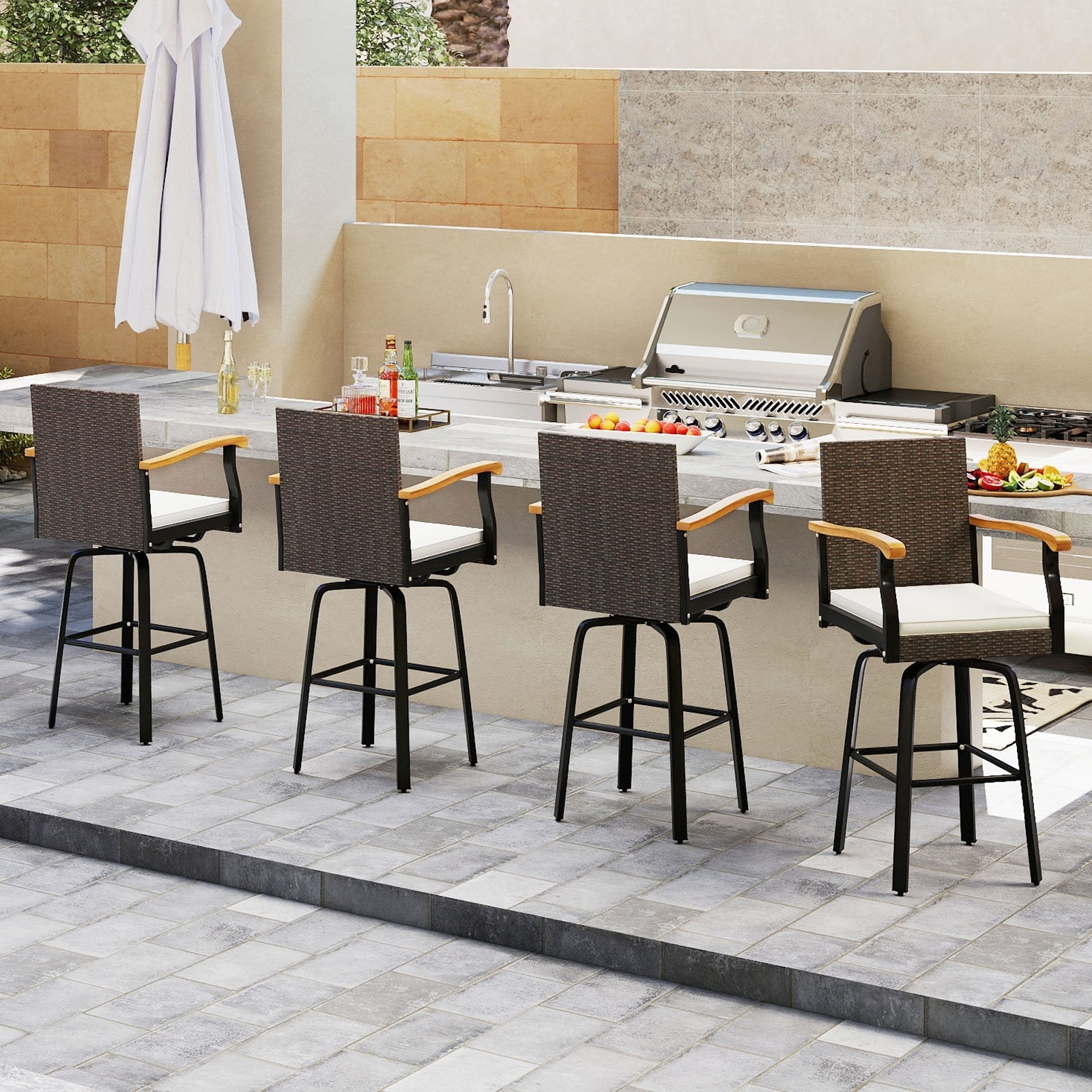 Set of 2 Outdoor 360° Swivel Bar Stool with Cushion and Acacia Wood Armrests