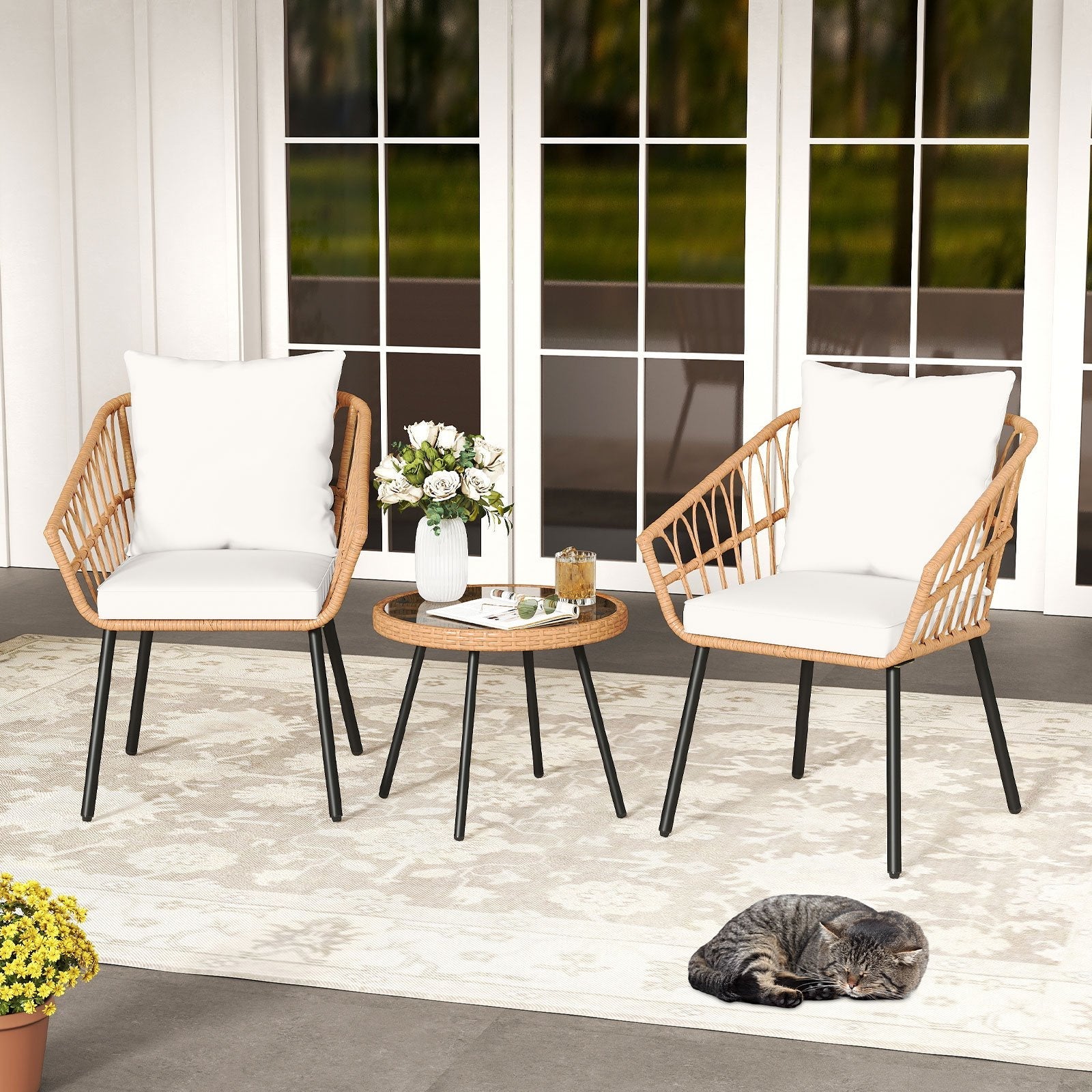 3 Piece Patio Bistro Set with Heavy Duty Metal Frame-Beige