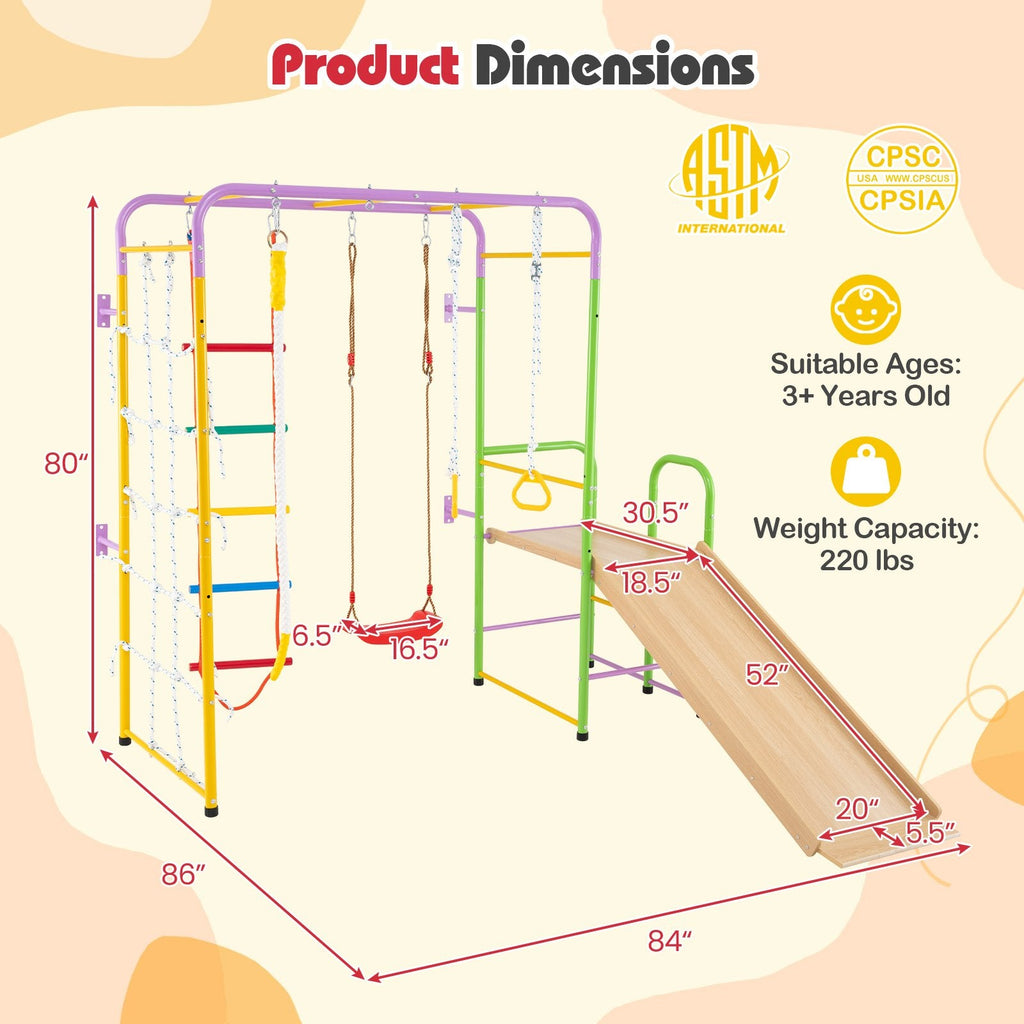Metal Indoor Jungle Gym 8-in-1 Climbing Playset with Monkey Bars-Multicolor