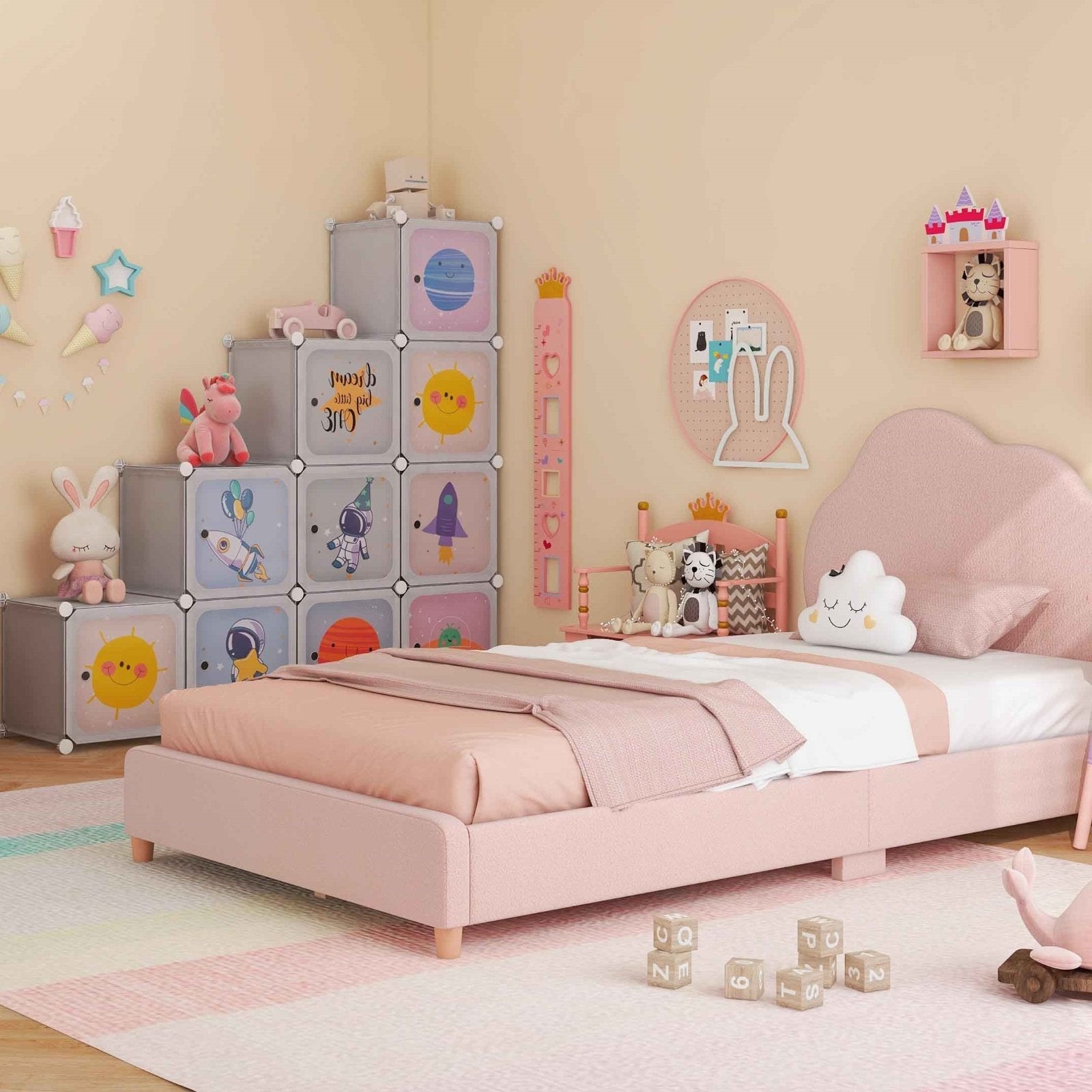 5 Pieces Kids' Room Bundle: Twin Bed Frame Wardrobe Closet Vanity Table and Stool Set