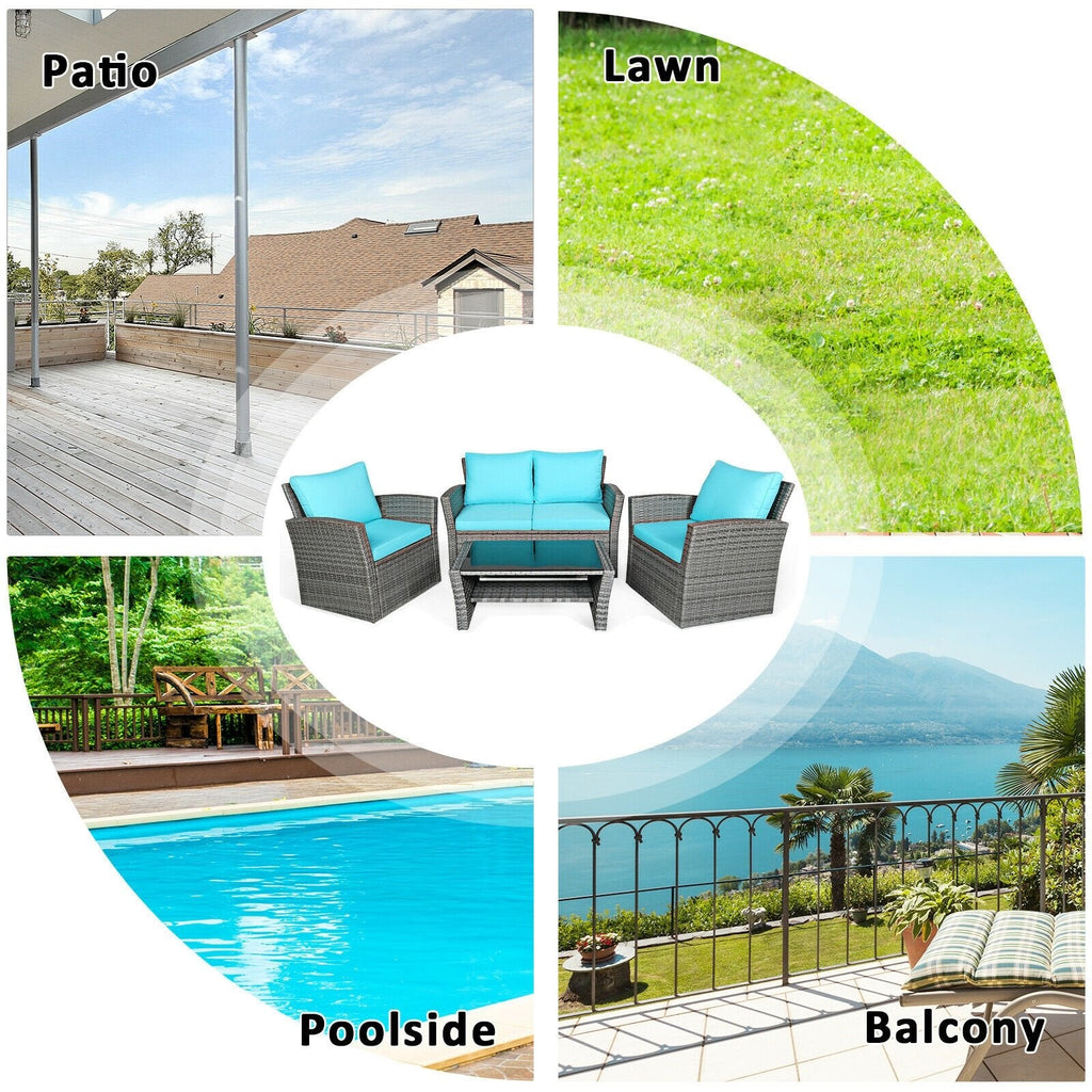 4 Pieces Patio Rattan Furniture Set Sofa Table with Storage Shelf Cushion-Beige
