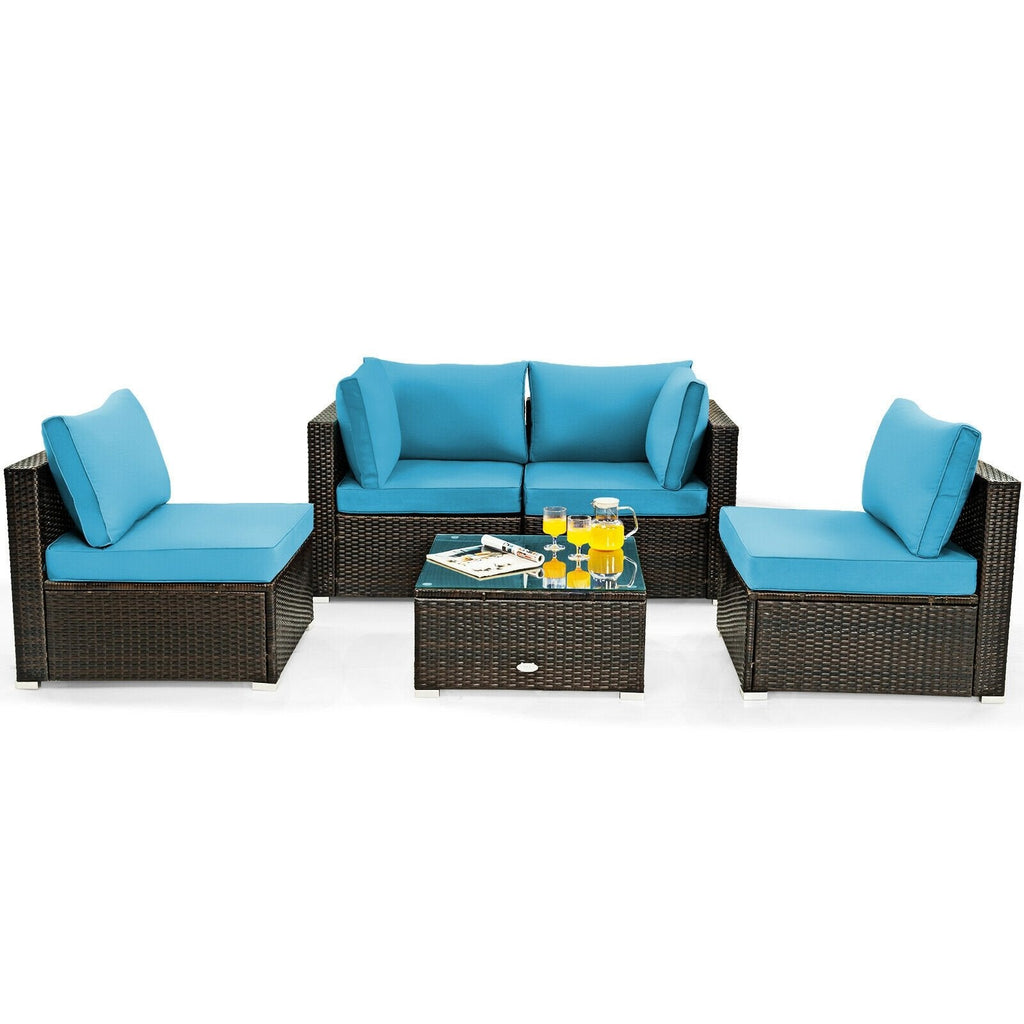 5 Pieces Cushioned Patio Rattan Furniture Set with Glass Table-Black