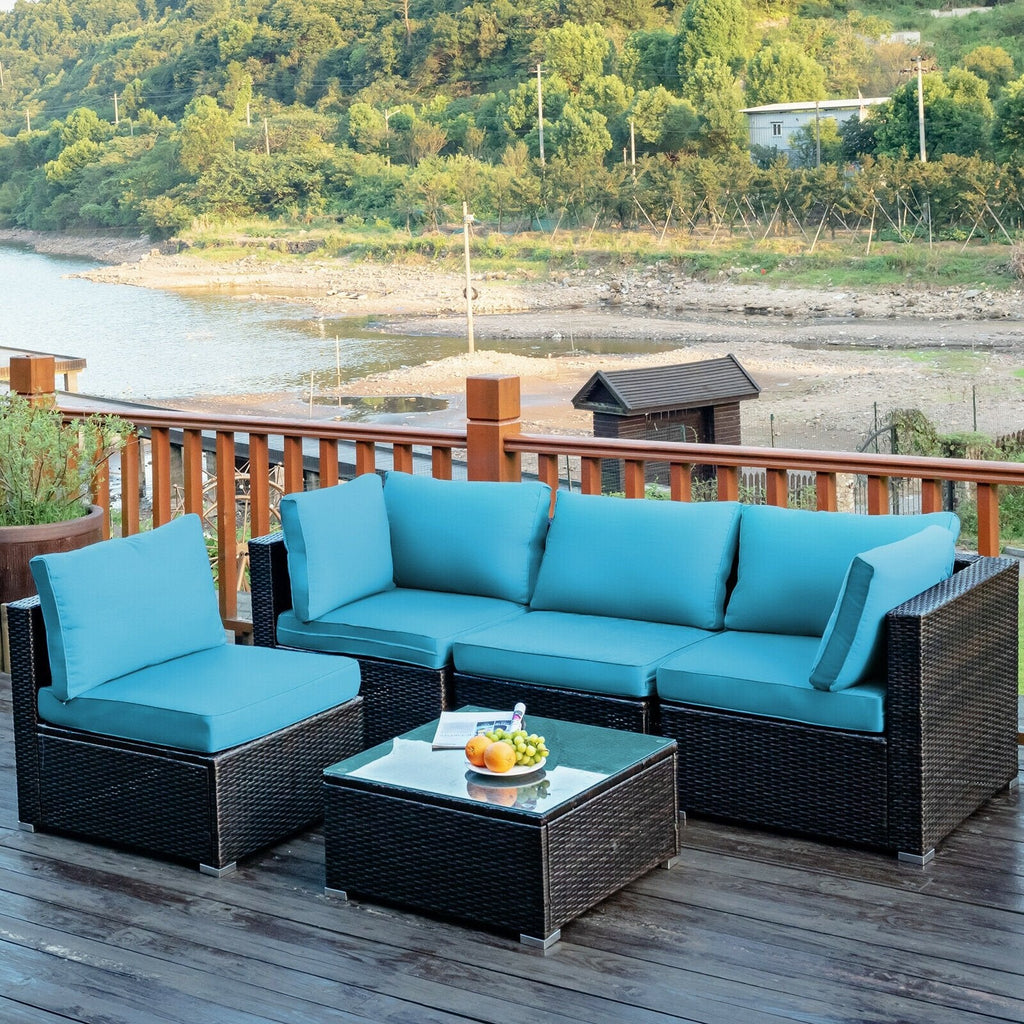 5 Pieces Cushioned Patio Rattan Furniture Set with Glass Table-Black