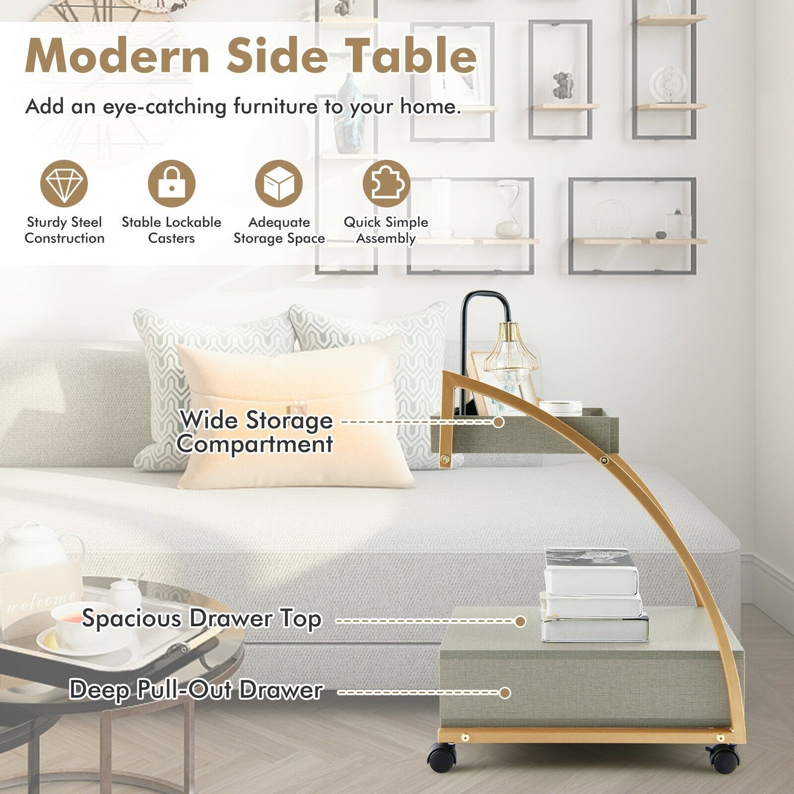 Modern Tray Top 4 Casters Rolling End Table with Storage Drawer-Gray