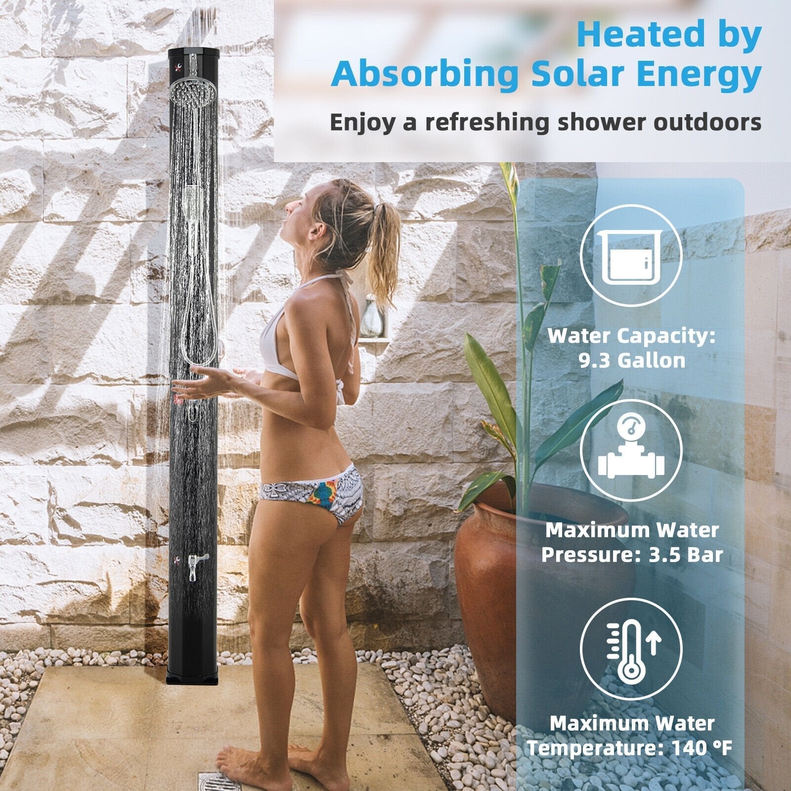 7.2 Feet 9.3 Gallon Solar Heated Shower with Hand and Foot Tap