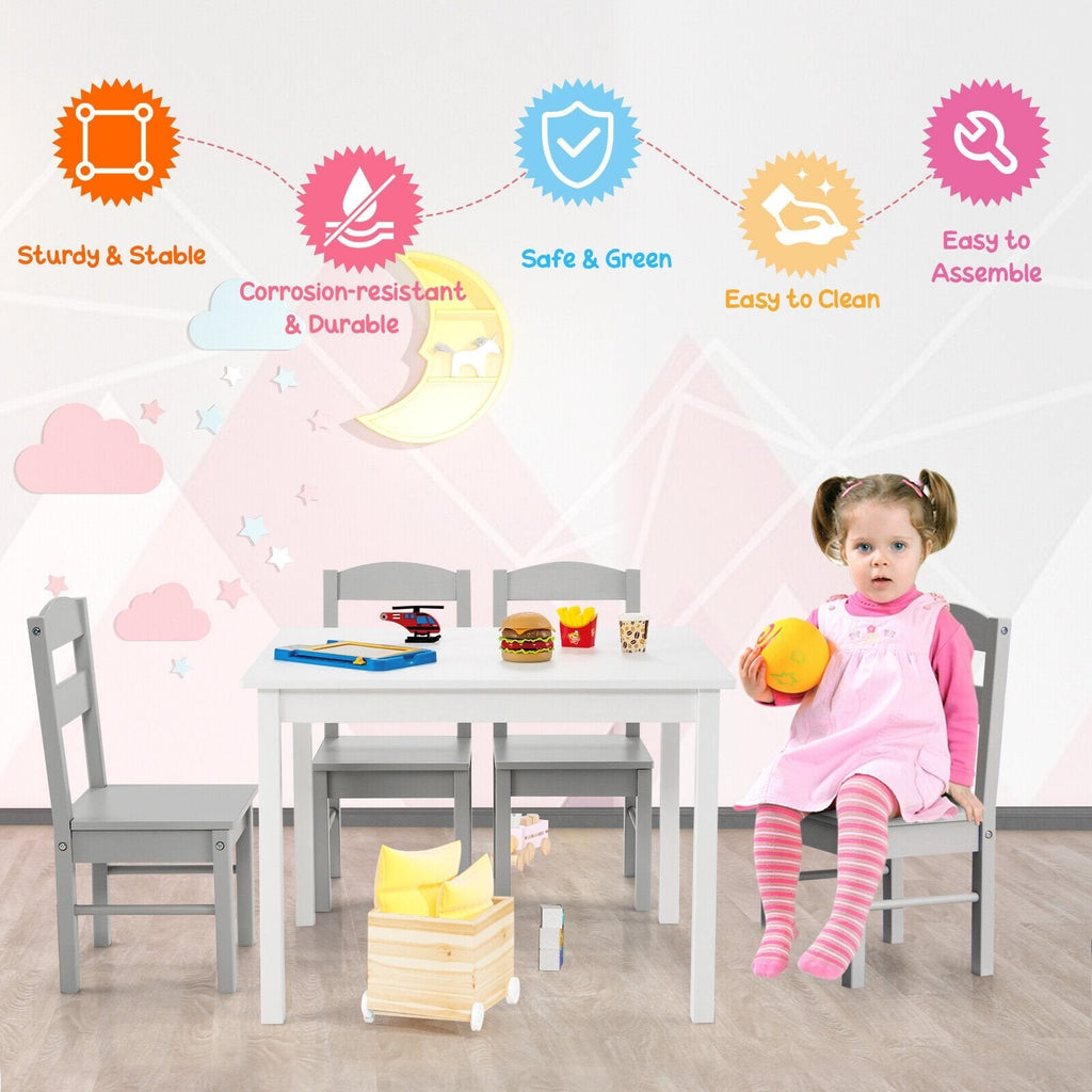 Kids 5 Piece Table and Chair Set Wooden Children Activity Playroom Furniture Gift-White