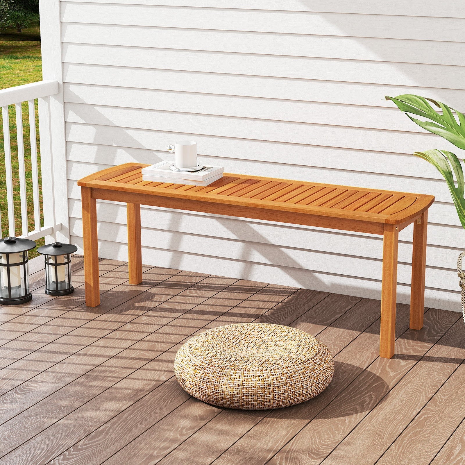 Set of 2 Acacia wood outdoor bench with slatted seat for garden