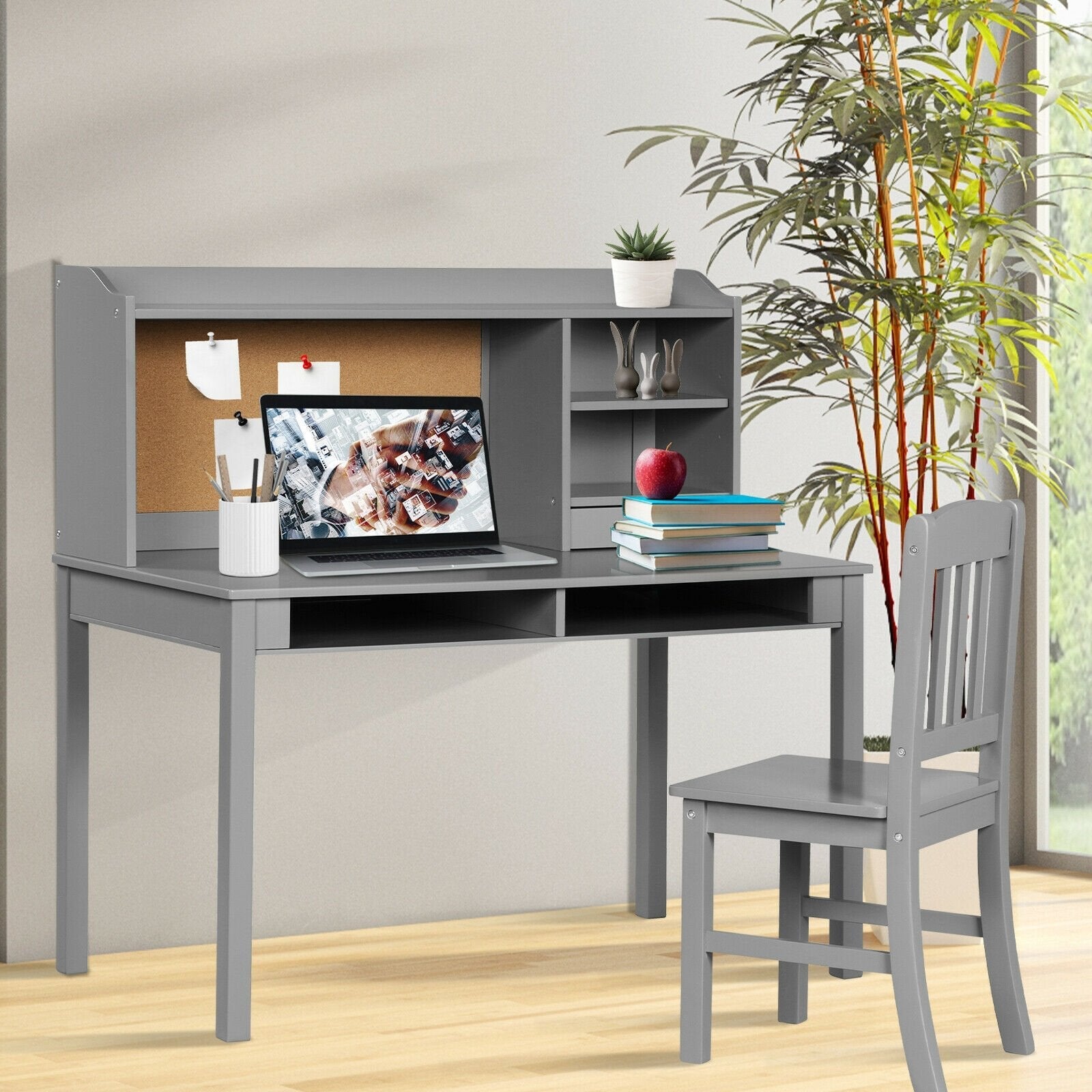Kids Desk and Chair Set Study Writing Desk with Hutch and Bookshelves-Brown