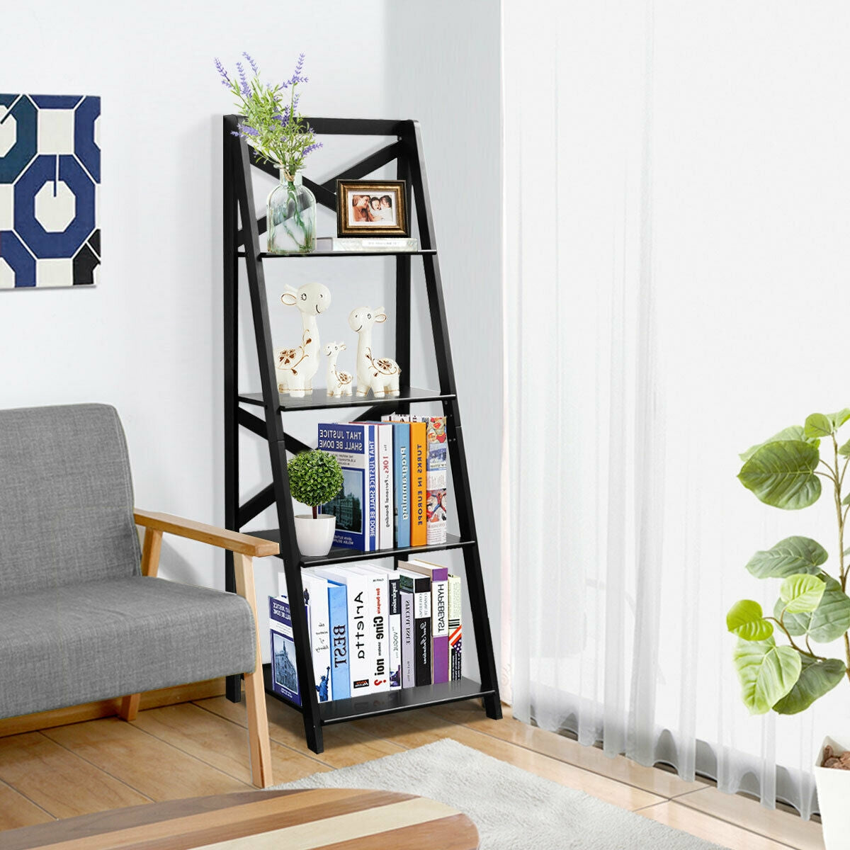 4-Tier Wood Display Storage Bookshelf-Black