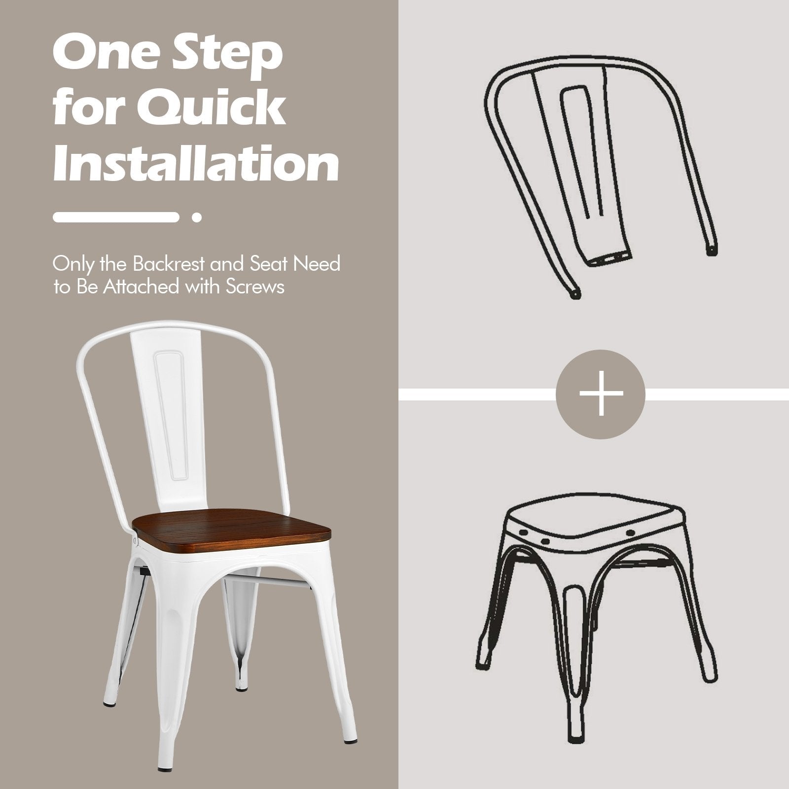 4 Pieces Tolix Style Metal Dining Side Chair Stackable Wood Seat-Dark Brown