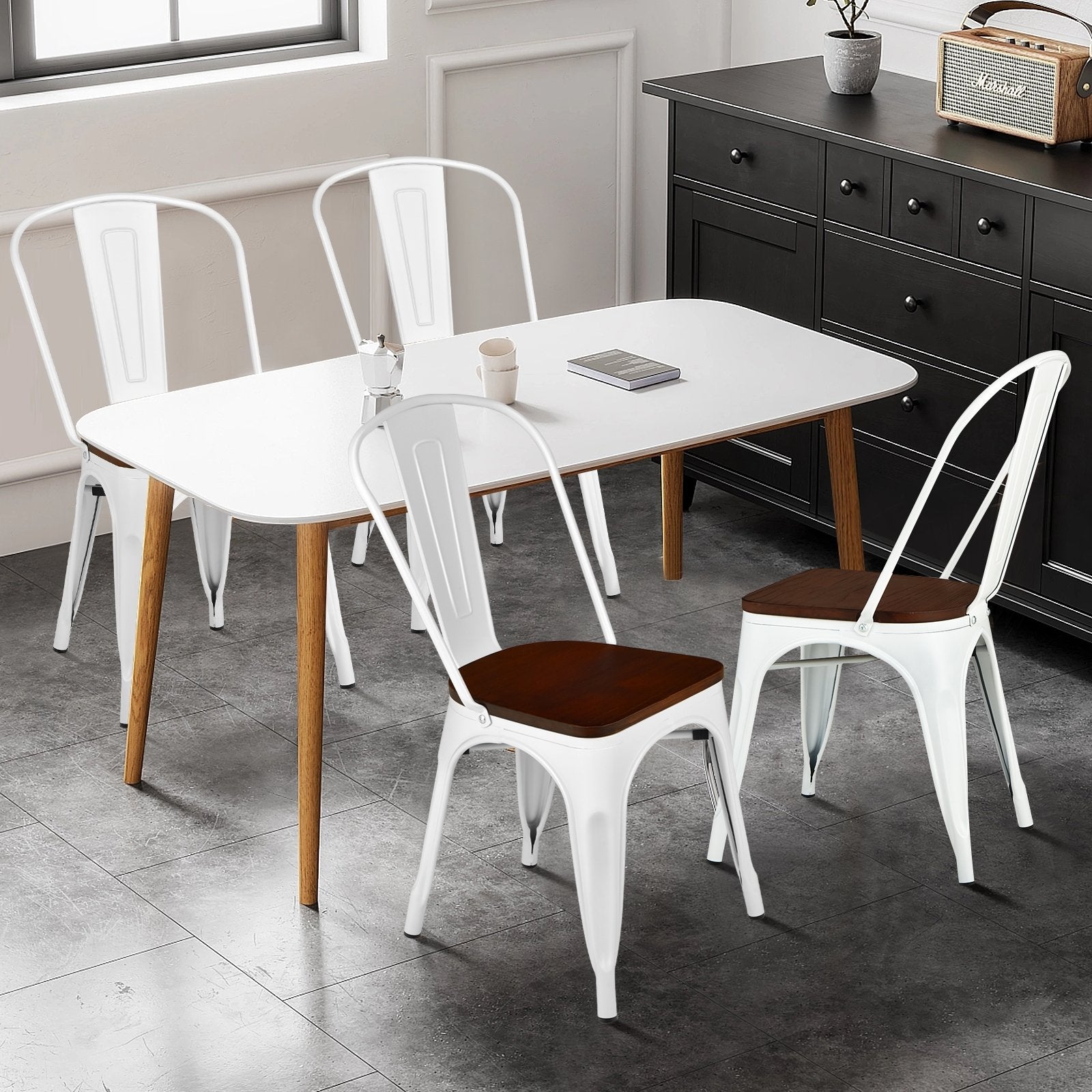 4 Pieces Tolix Style Metal Dining Side Chair Stackable Wood Seat-Dark Brown
