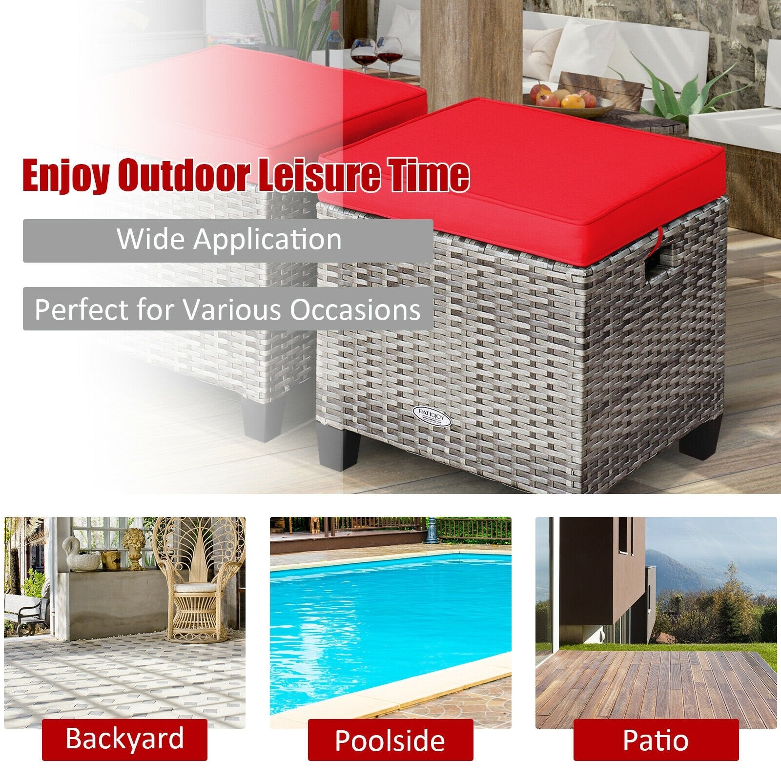 2 Pieces Patio Rattan Ottoman Seat with Removable Cushions-Beige
