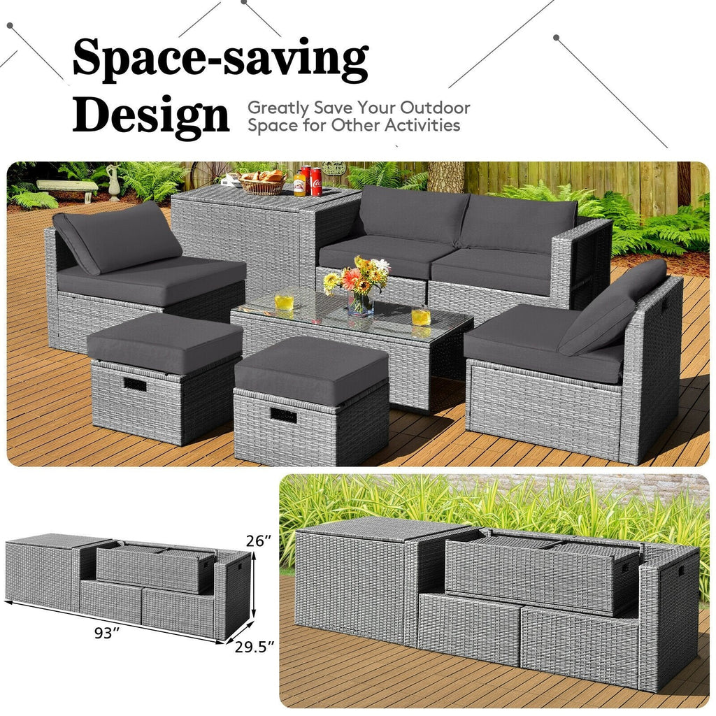 8 Pieces Patio Rattan Furniture Set with Storage Waterproof Cover and Cushion-Black