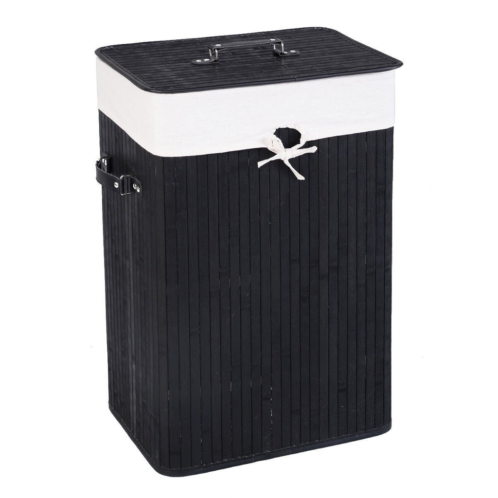 Rectangle Bamboo Hamper Laundry Basket Washing Cloth Bin Storage Bag with Lid-Black