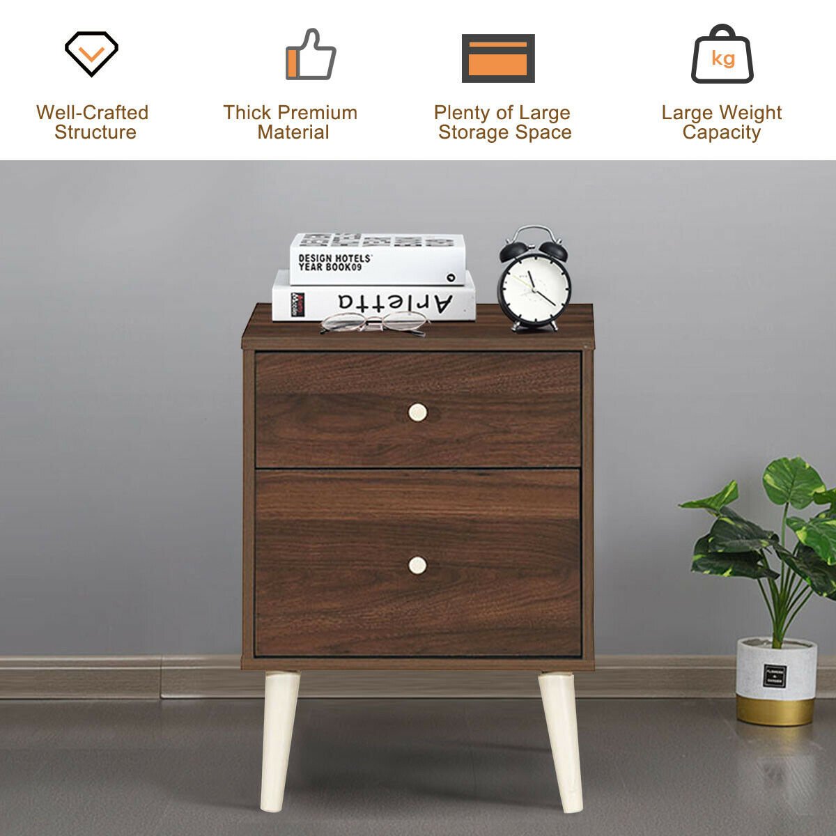 2-Drawer Nightstand Beside End Side Table with Rubber Legs-Brown