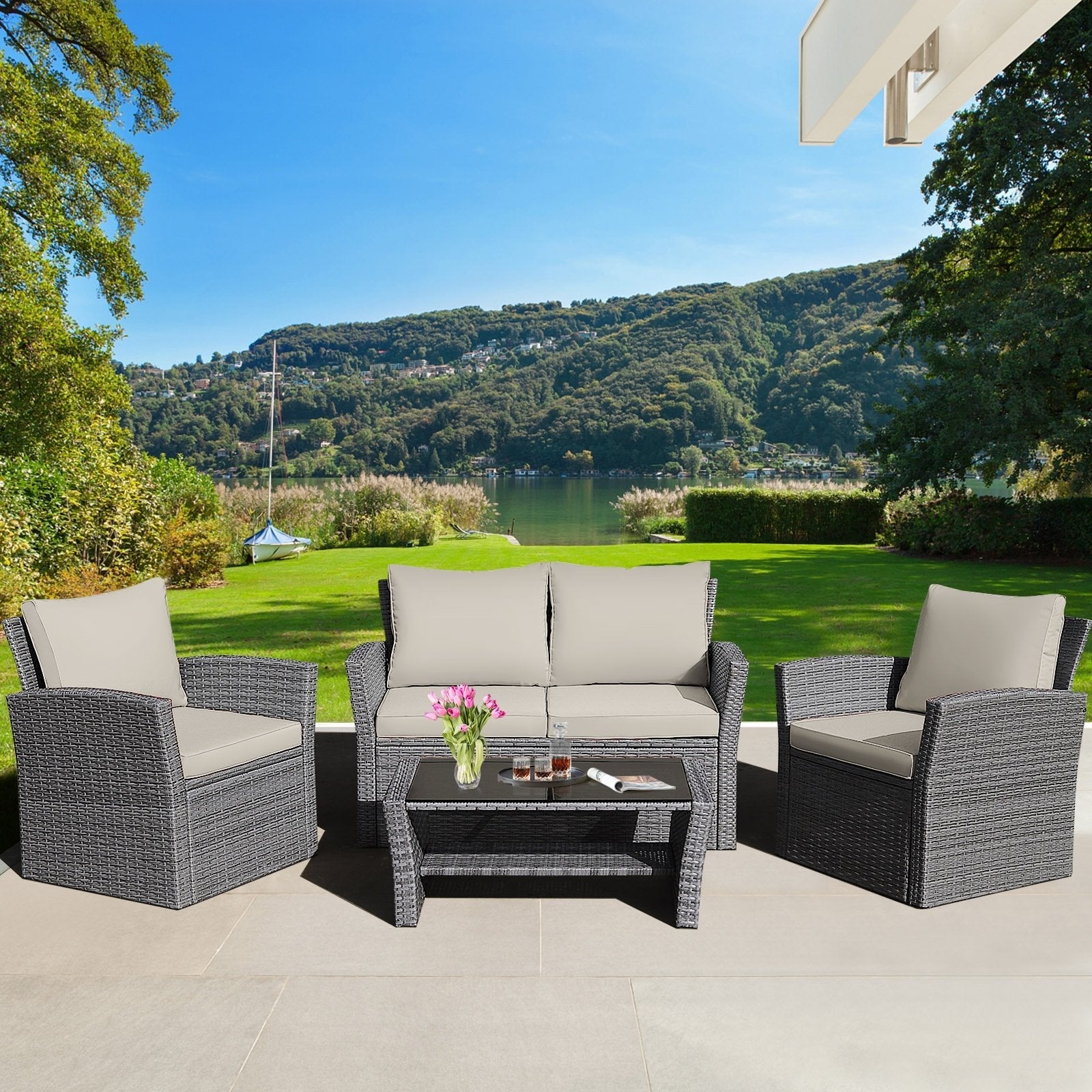 4 Pieces Patio Rattan Furniture Set Sofa Table with Storage Shelf Cushion-Beige
