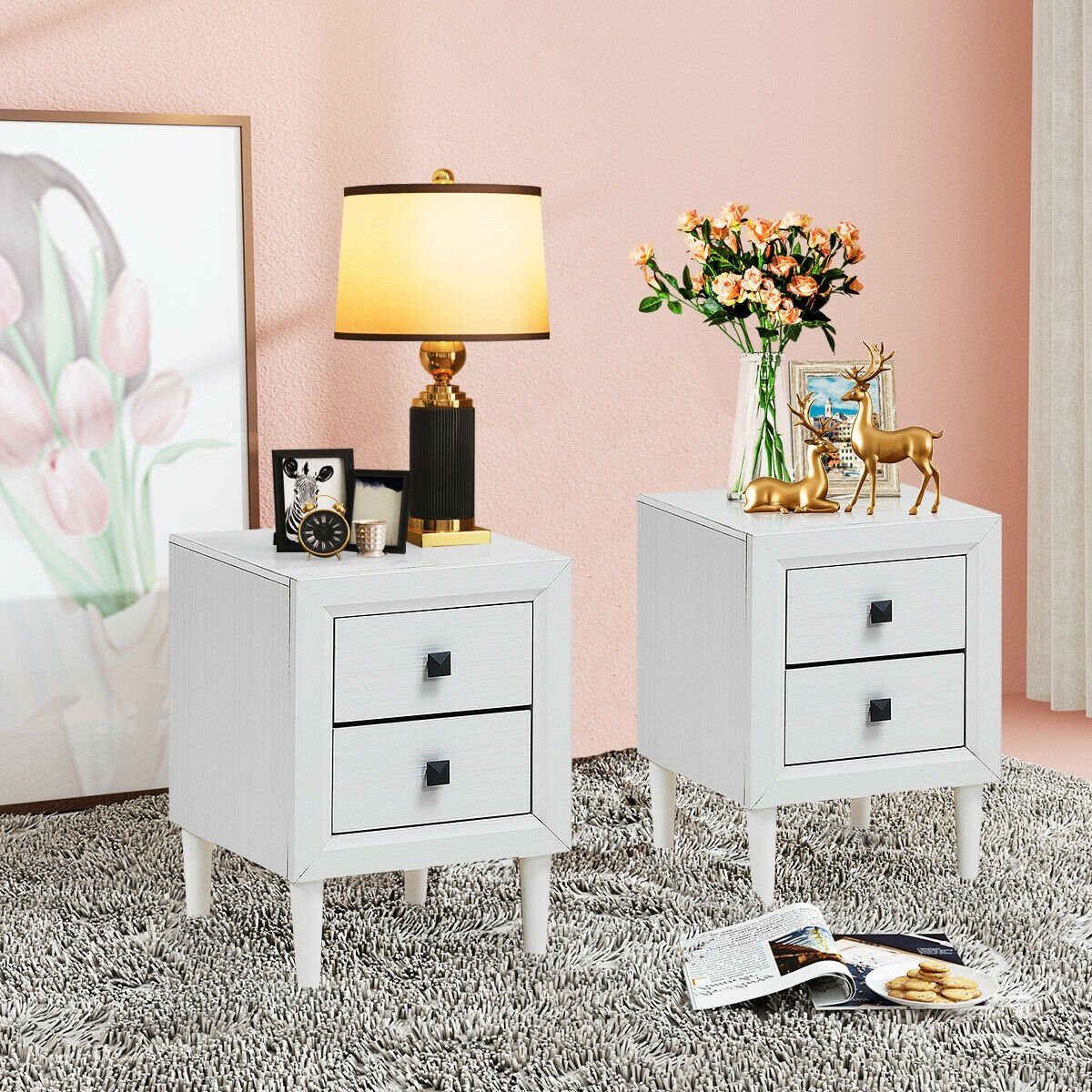 2 Pieces Multipurpose Retro Nightstand with 2 Drawers-Black