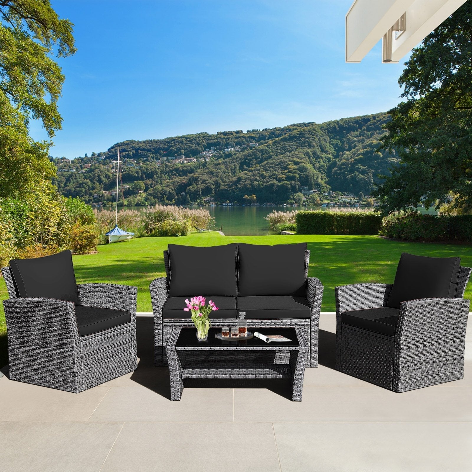 4 Pieces Patio Rattan Furniture Set Sofa Table with Storage Shelf Cushion-Beige