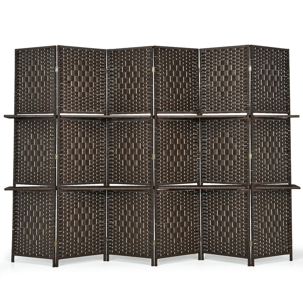 6 Panel Folding Weave Fiber Room Divider with 2 Display Shelves -Black