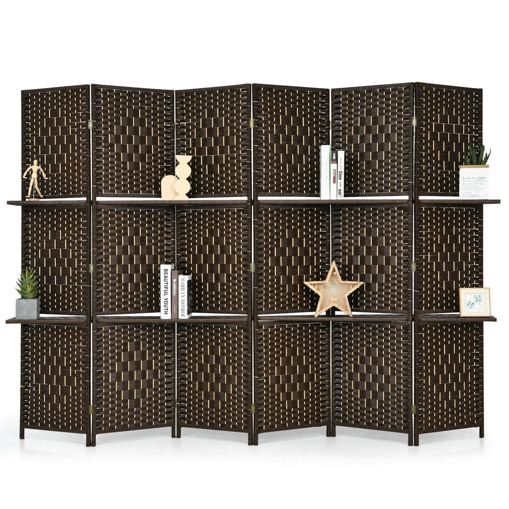 6 Panel Folding Weave Fiber Room Divider with 2 Display Shelves -Black