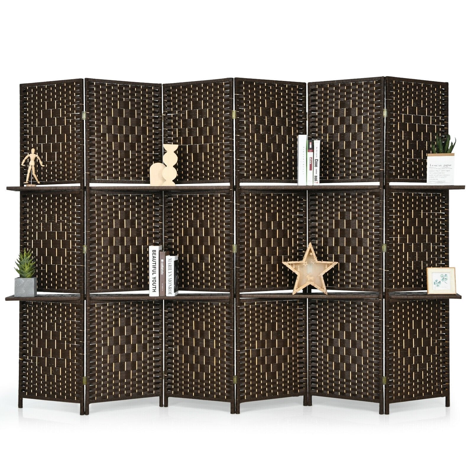 6 Panel Folding Weave Fiber Room Divider with 2 Display Shelves -Black