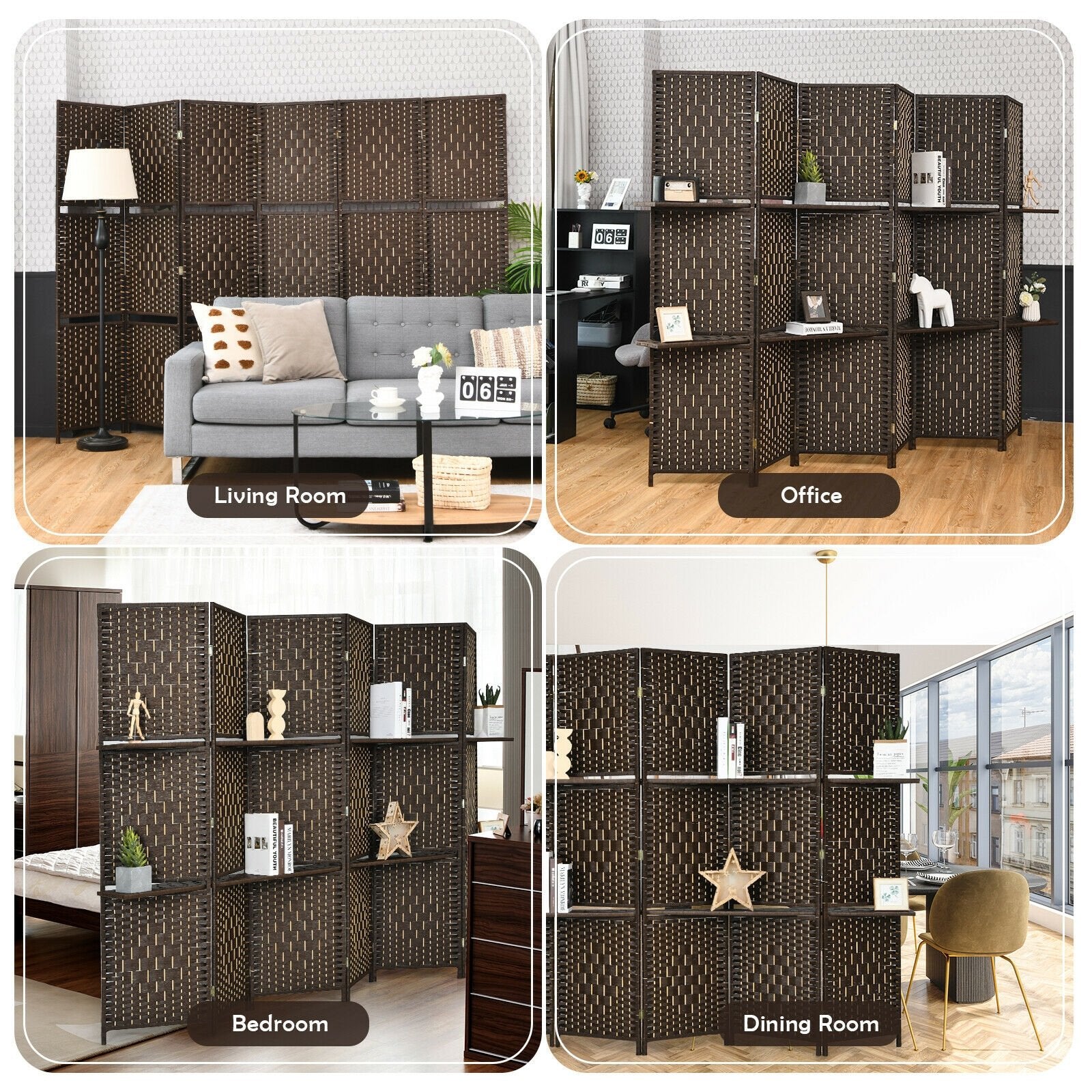 6 Panel Folding Weave Fiber Room Divider with 2 Display Shelves -Black