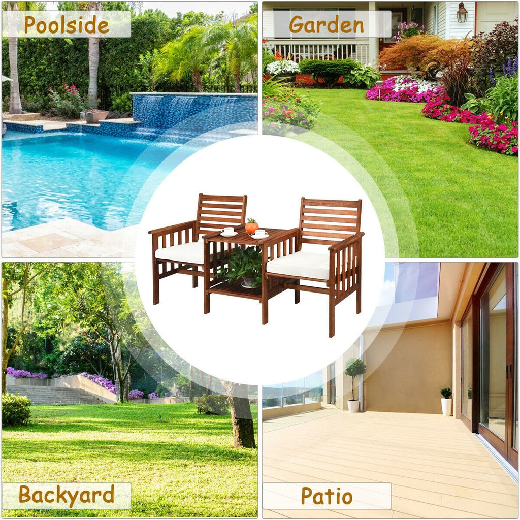 3 pcs Outdoor Patio Table Chairs Set Acacia Wood Loveseat-Red